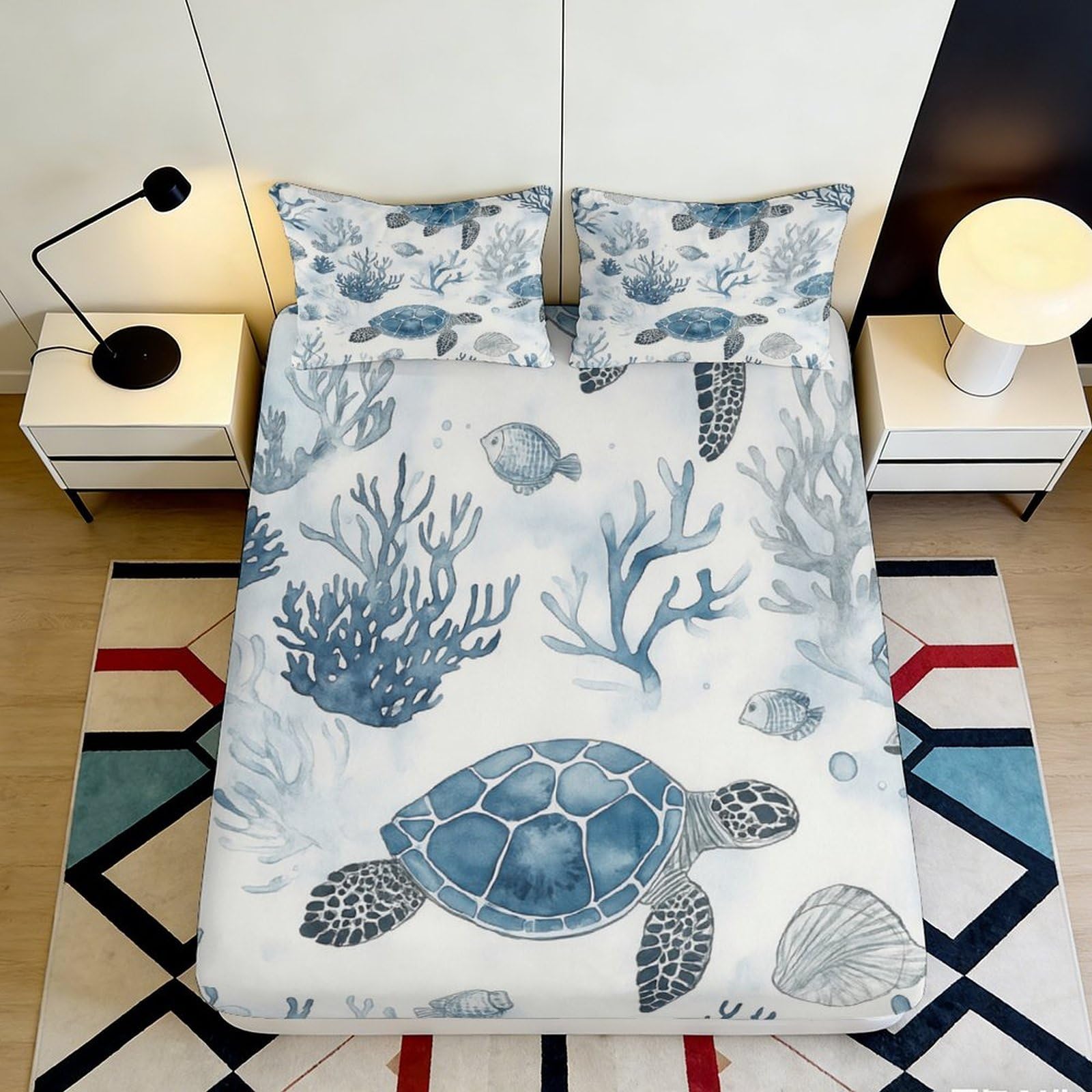 3D Printed Ocean Turtle Fitted Sheet Microfiber Soft Anti-Slip Coral Reef Mattress Cover for Bedroom Dorm Guest Room Decor 180x200x25cm
