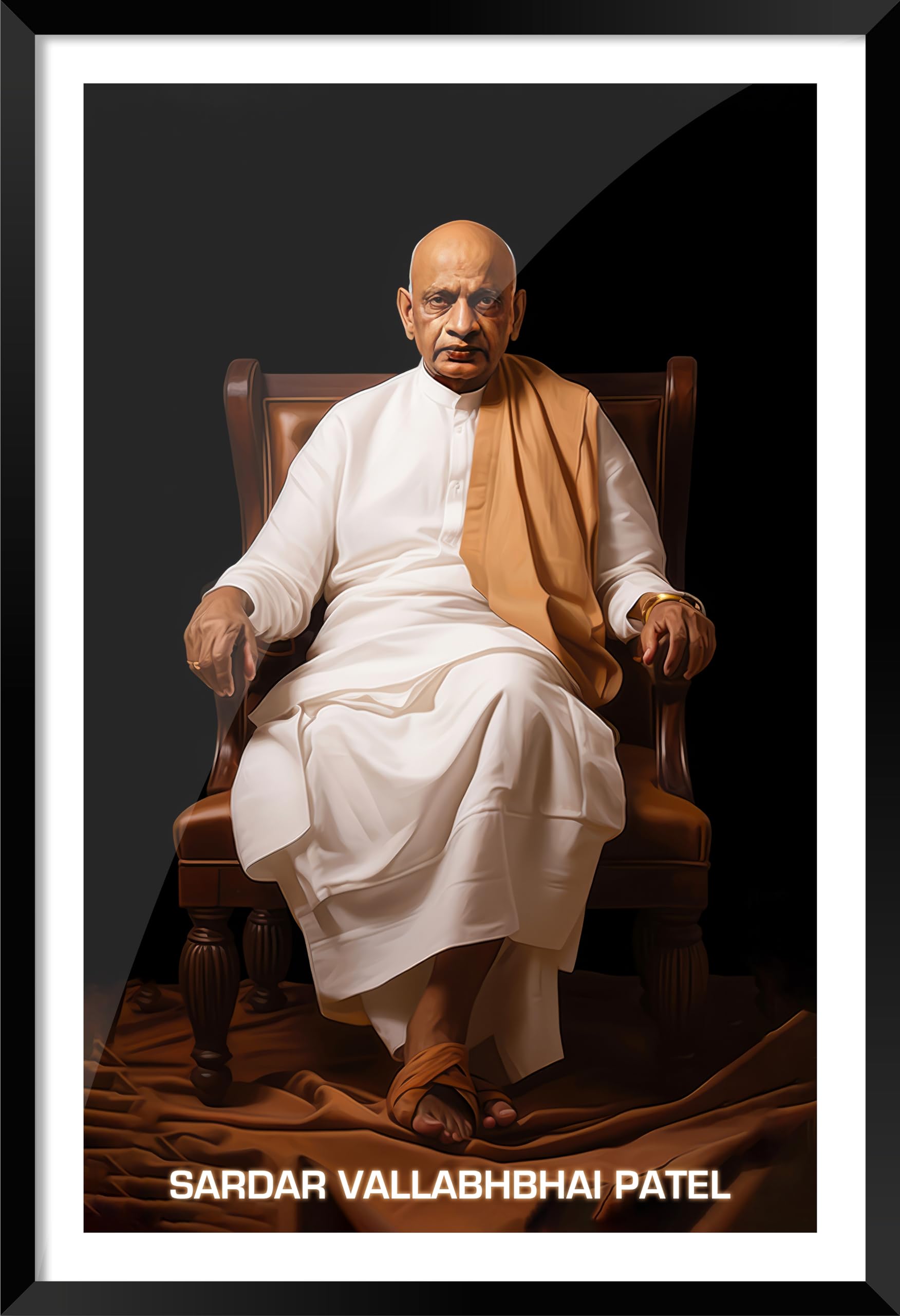 DBrush Sardar vallabhbhai patel sit on chair artwork framed wall painting Ironman of India for home office decorative gift item synthetic wood (Original Glass)