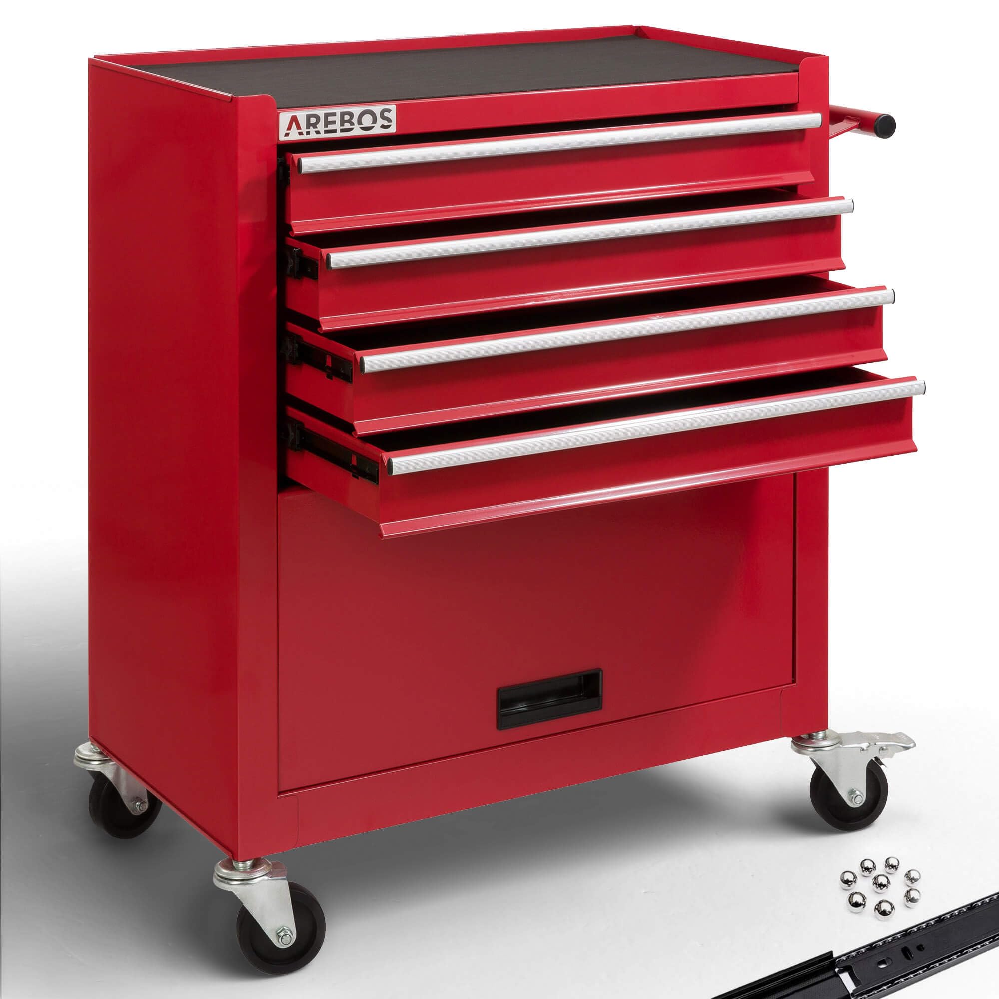 AREBOS Carrello da officina a 4 scomparti + grande scomparto | con tappetini antiscivolo | 2 ruote con freno di stazionamento | rosso
