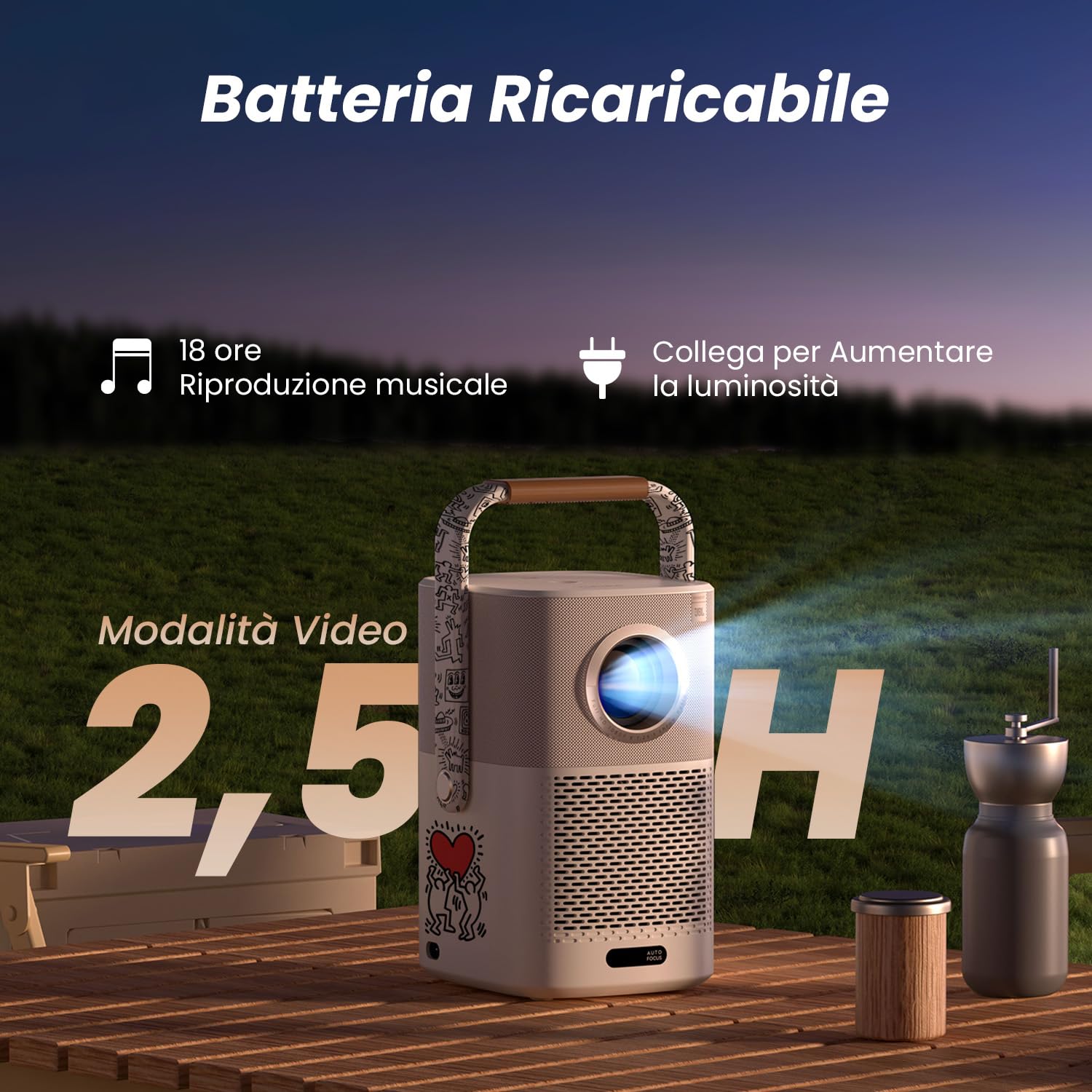 【Suono di JBL/Batteria Integrata】Yaber T2 Proiettore 4K Supporta, Dolby Audio Proiettore da Esterno Native 1080P Full HD WiFi 6 Bluetooth, Proiettore Portatile Autofocus/Keystone(K.H Edition)