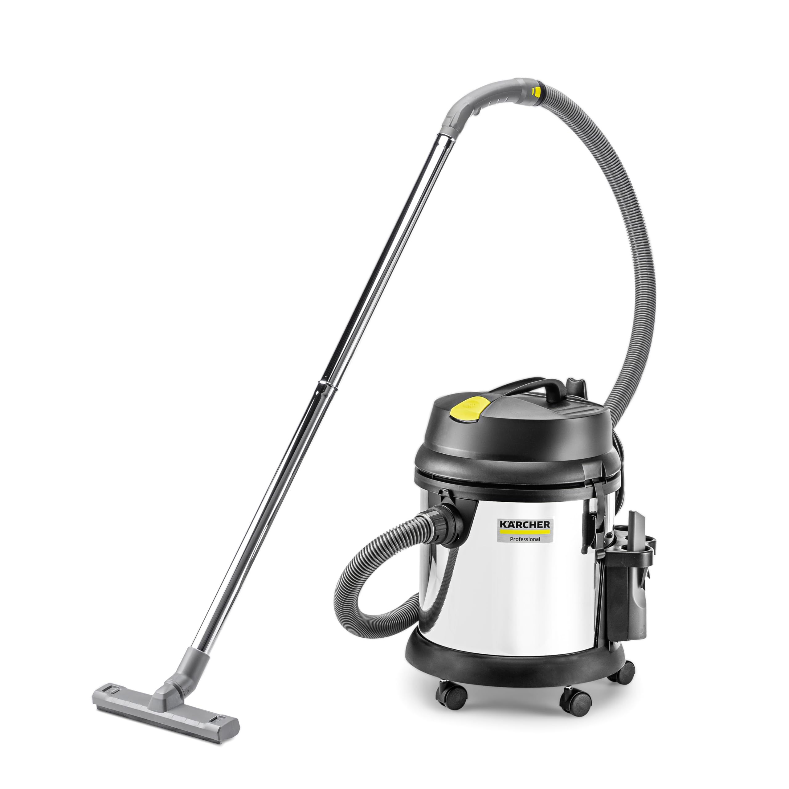 KÄRCHER Aspirateur Eau et poussières NT 27/1 Me, Puissance : Max. 1380 W, cuve en Acier Inoxydable : 27 l, Tuyau d’Aspiration : 2,5 m, coude, suceur pour sols (300 mm), buse de Fentes