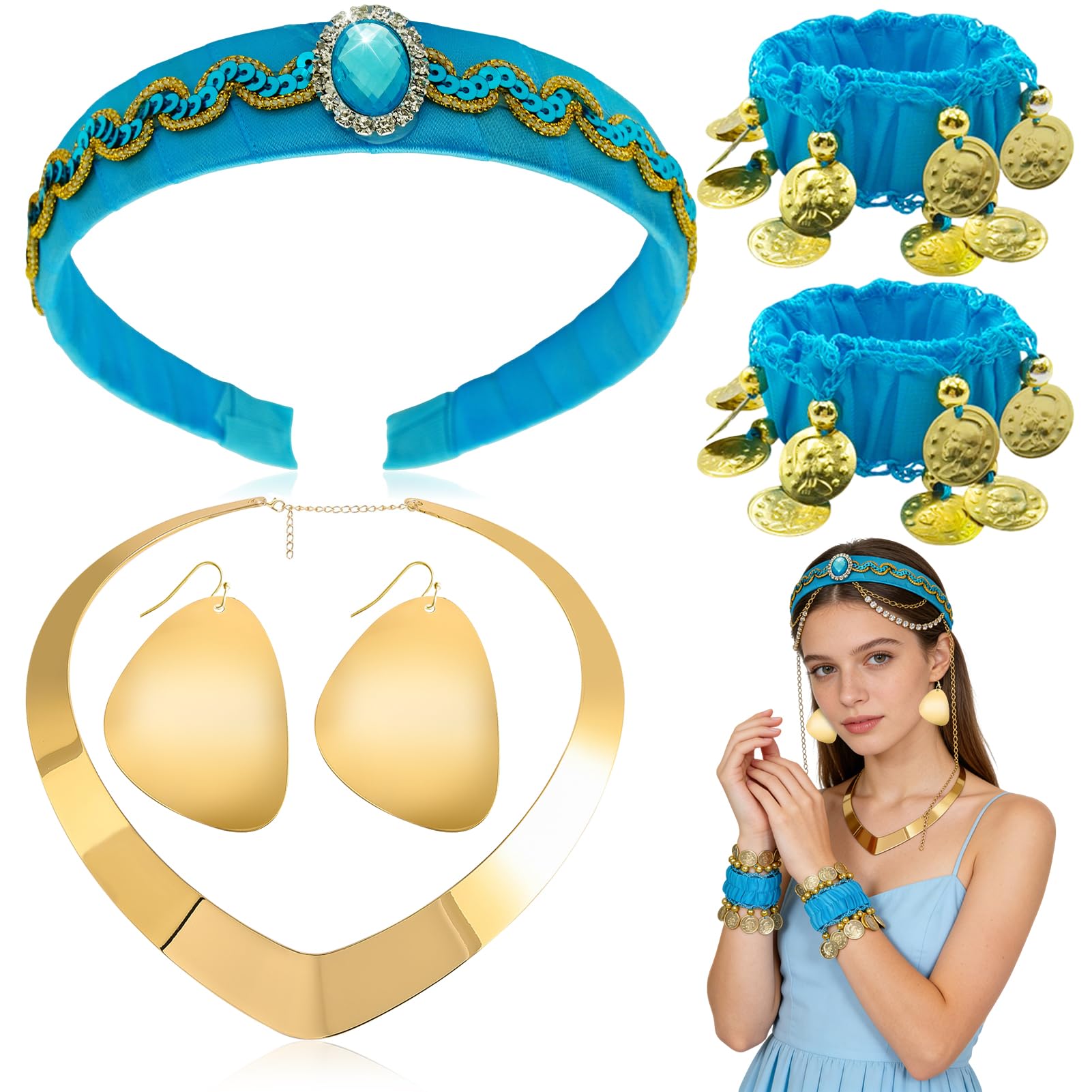 Grote Kristallen Hoofddeksels Arabische Prinses 3-delige Set met Hoofdband, Gouden Halsketting en Oorbellen voor Meisjes - Perfect voor Halloween en Roleplay