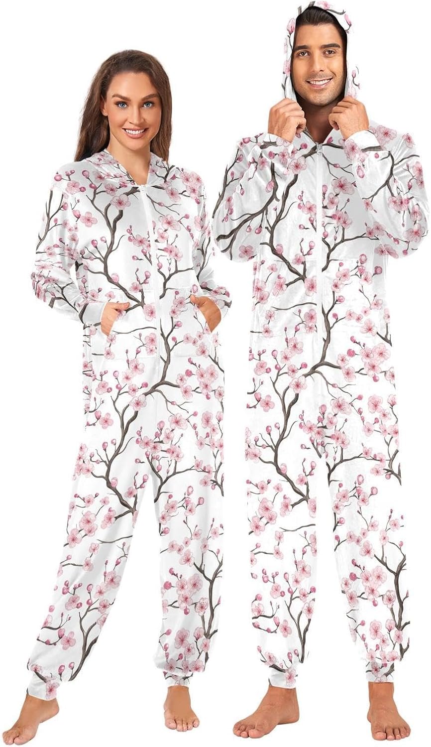 ZZKKO Pink Plum Blossom Blooming Adult Onesie Pajamas for Women Men Cozy One Piece Pajamas Costume Zip-Up Hooded S-XL