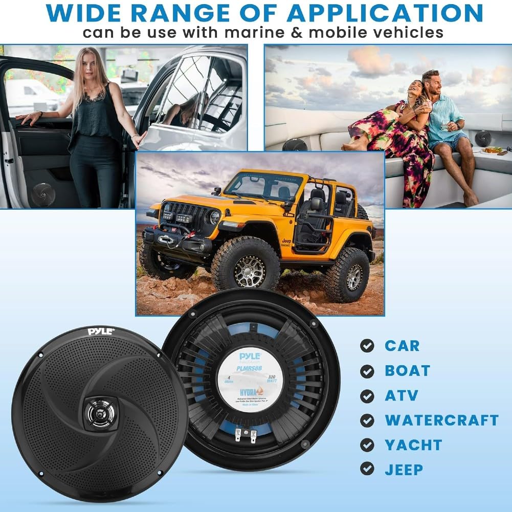2 PLMRS8B Altavoces Marinos fullrange, 2 vías, 8" 23,9 cm 239 mm, 160 vatios RMS, 320 vatios máx., 4 ohmios, Resistentes al Agua, para embarcaciones, Color Negro, par + Cables Gratis
