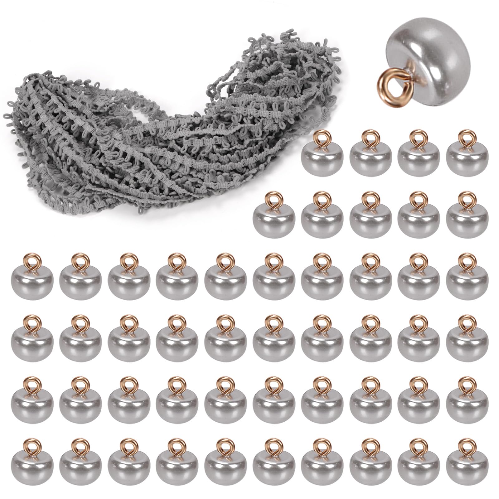 Swpeet 20 Yard Grey Braid Trim with Elastic Button Loop with 50Pcs Pearl Buttons Kit, Elastic Button Loop Stretch Band, Braid Trim Embellishment Elastic Cord with Buttonhole for Costume Crafts — image 1