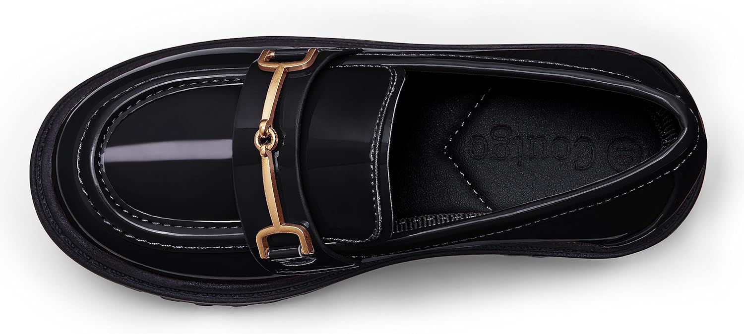 Coutgo Girl's Platform Loafers Slip On Chain Chunky Heel Leather Flats Round Toe School Uniform Dress Shoes - Image 4