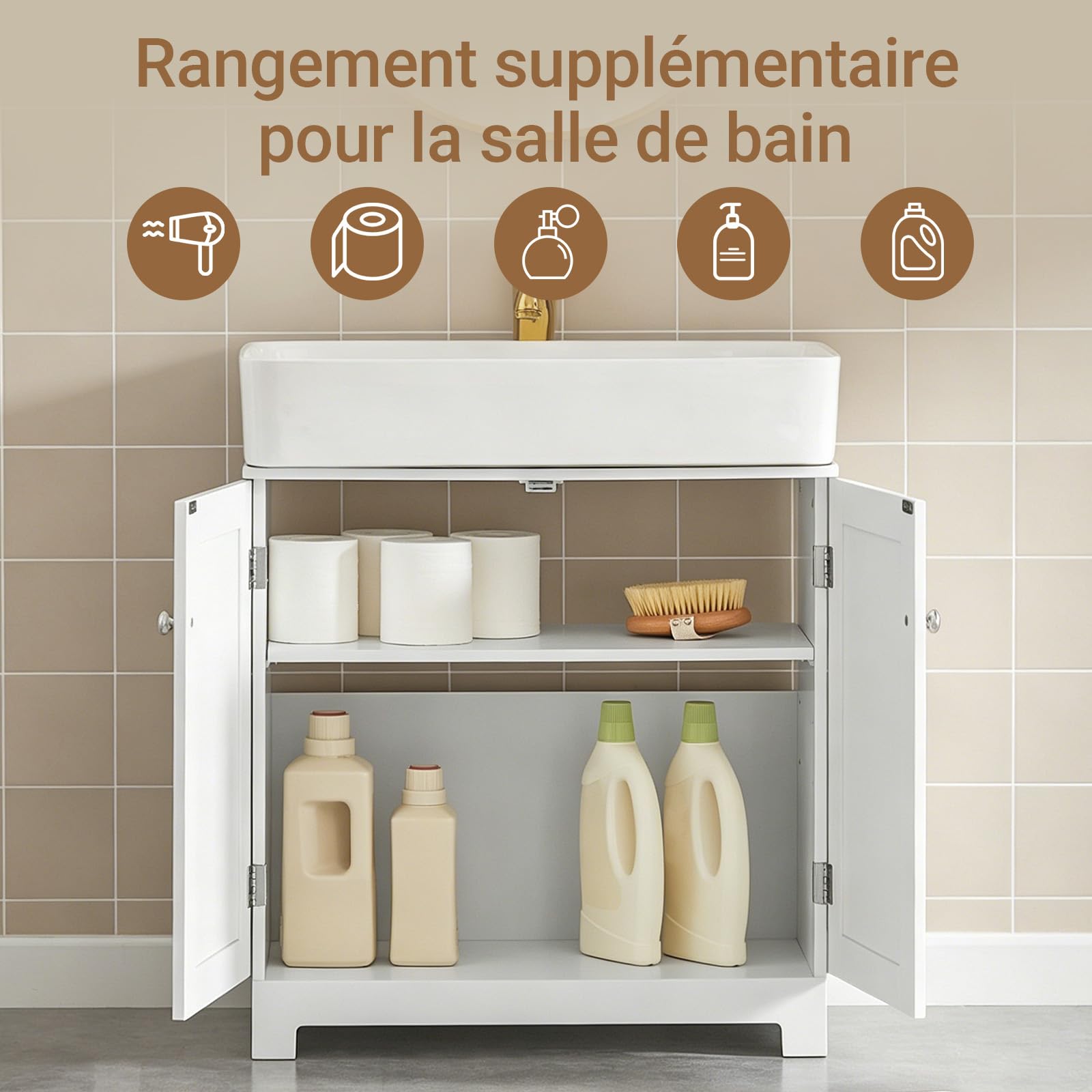 SoBuy Meuble sous Lavabo Salle de Bain avec Découpe pour Siphon 60x60x29 cm