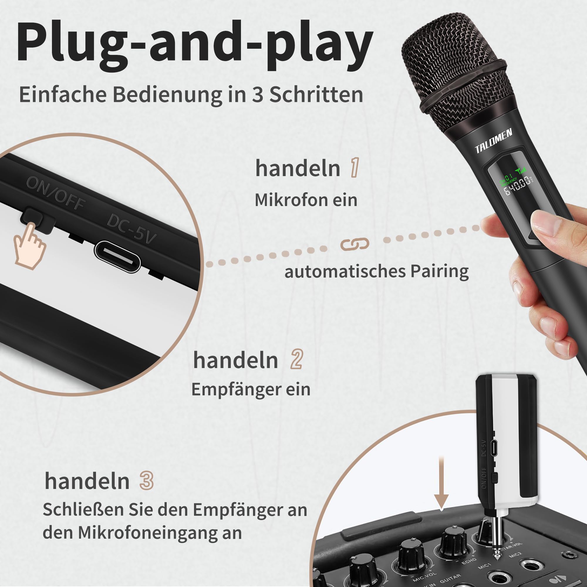 talomen Professionelles kabelloses Mikrofon, Quad-Mikrofonsystem, 2,4 GHz, dynamisches Karaoke-Mikrofon, wiederaufladbar, mit Empfänger, für Gesang, Party, K604, Silber, Schwarz, Grün, Violett