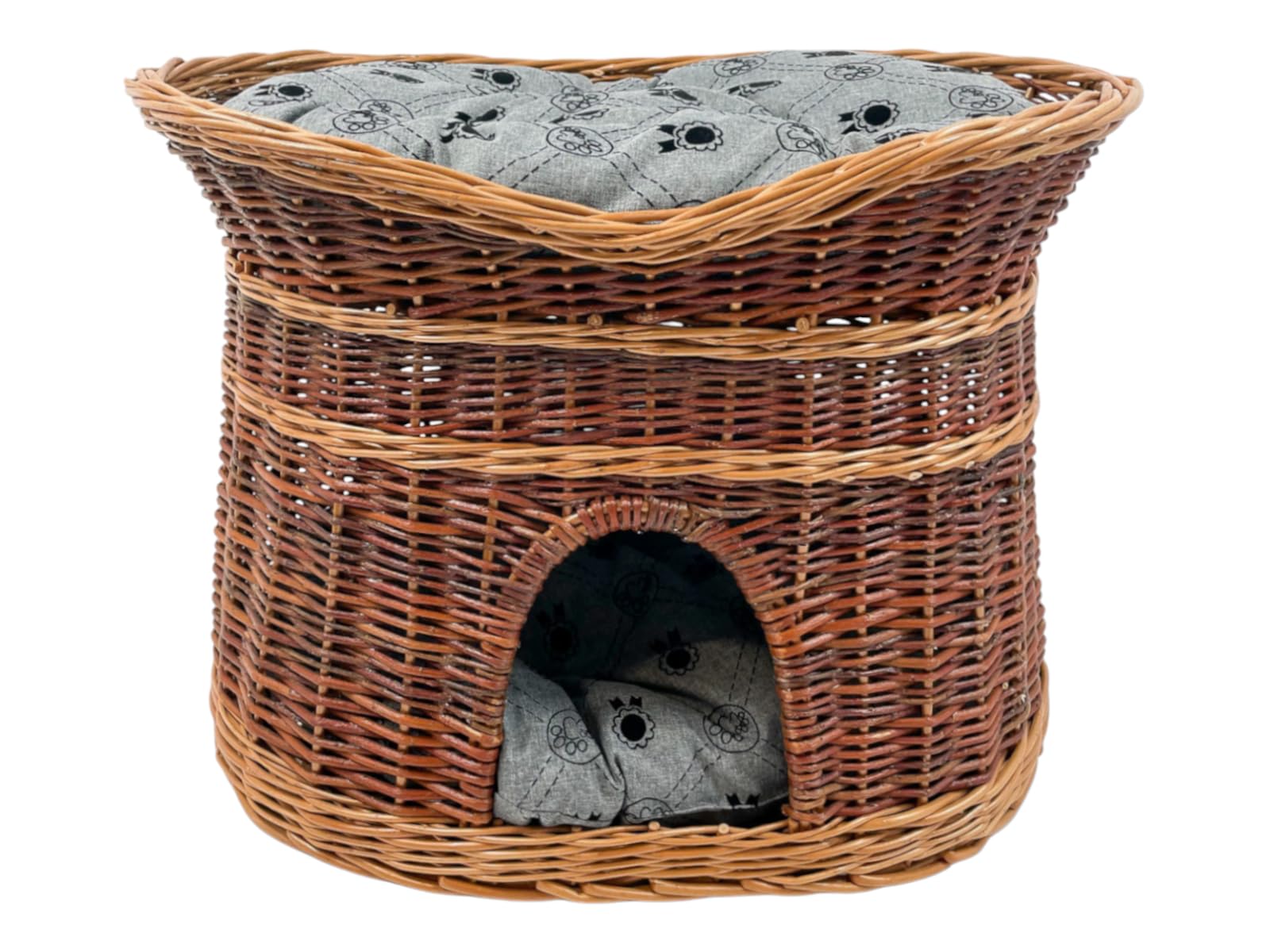 Cestino per gatti per dormire – Cuccia per gatti indoor – Taglia L: 60 cm ovale – Gatto Grotta in vimini – Cani a due piani – Letto per gatti con cuscino lavabile in grigio – Cestino laccato