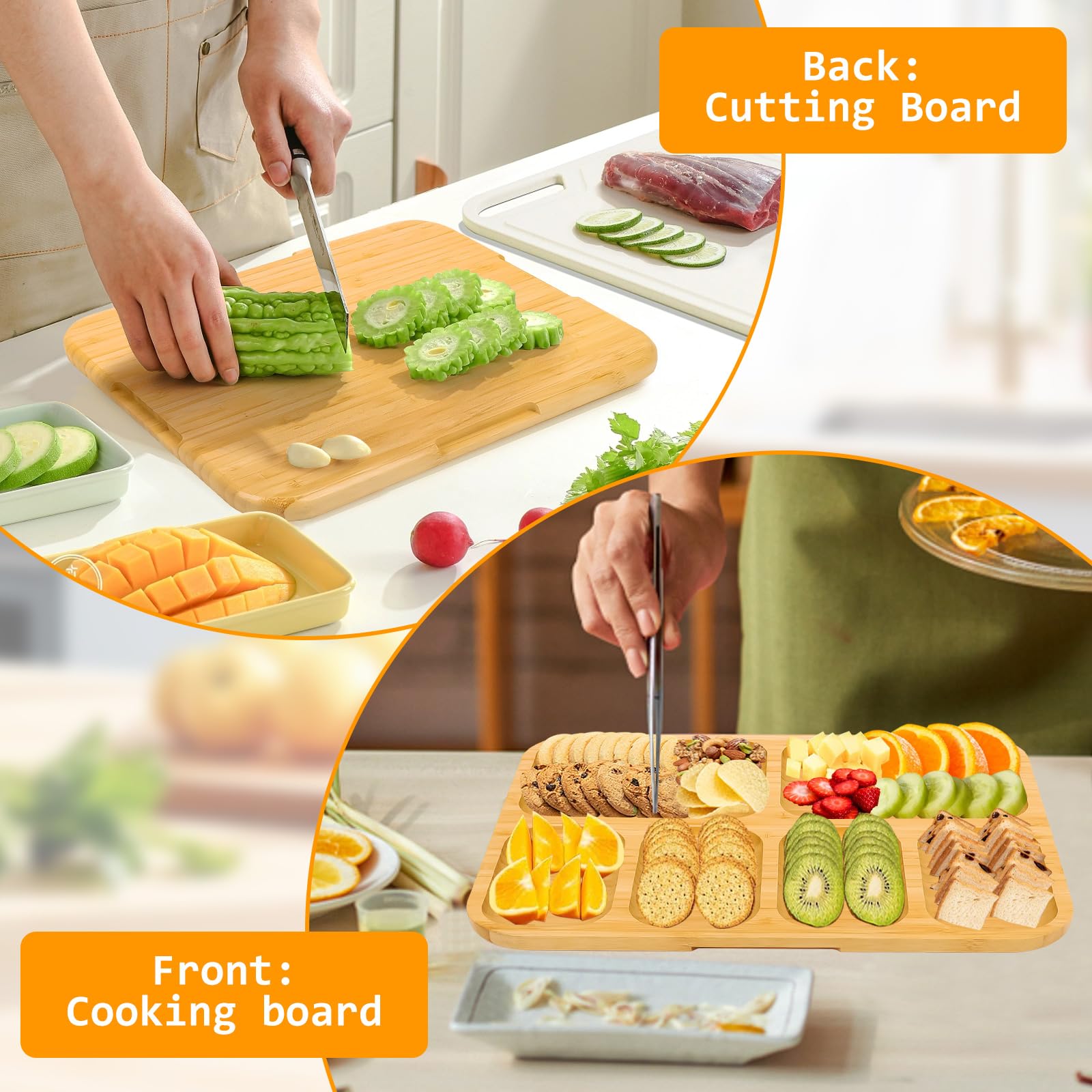 Charcuterie Board with Lid, Bamboo Cheese Board Travel Charcuterie Board with Cover & Handle Cheese Platter Cutting Boards for Kitchen, House Warming Gifts, Wedding Gifts (6 Compartments)