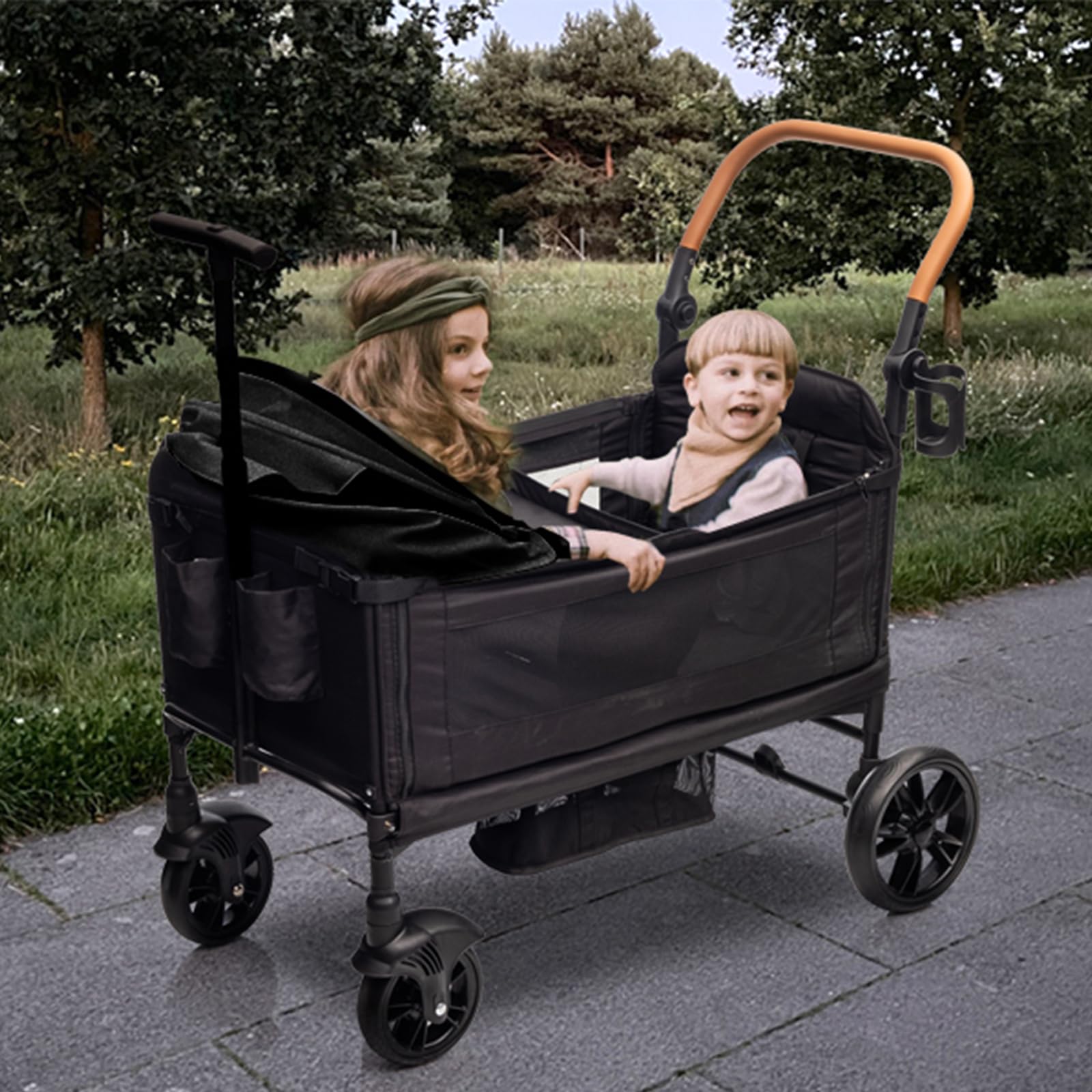 vickey Carrello pieghevole con tetto, 2 bambini, 150 kg, carrello cargo, pieghevole, con manico scorrevole, Duo, resistente agli urti, ruote in poliuretano con freni, portabevande, 100 l, nero