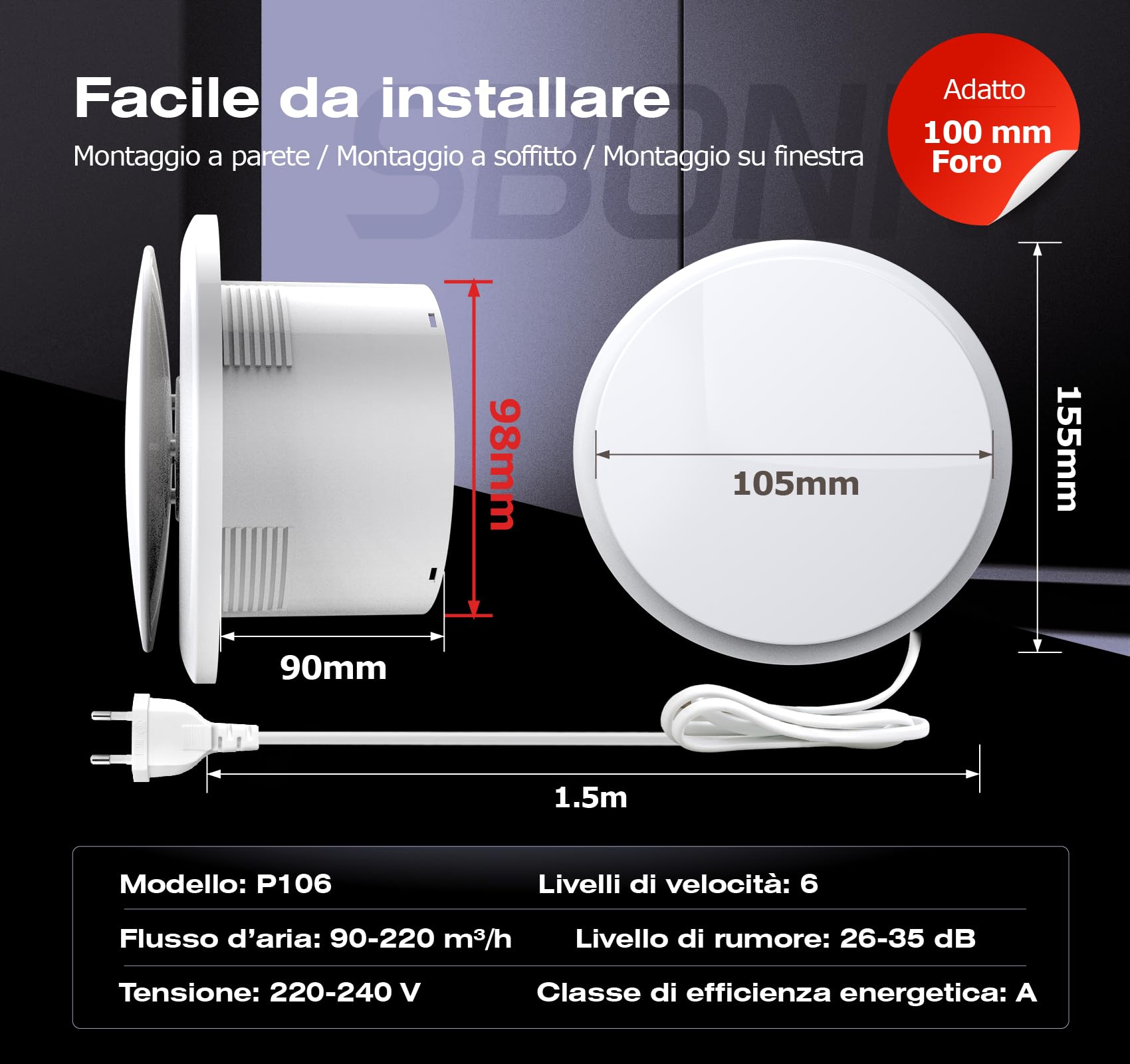 Aspiratore Bagno 100 mm Reversibile, 6 Velocità, Indicatore Luminoso, Ventola Aspirazione Bagno con Telecomando, Memoria Intelligente, IPX4, Estrattore Aria Silenzioso per Bagno WC