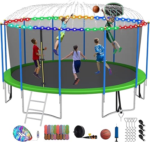 Kumix Tranpoline de 16 pies con aro de baloncesto aspersorluzcalcetines 1500 libras de alta resistencia para exteriores con escalera recinto