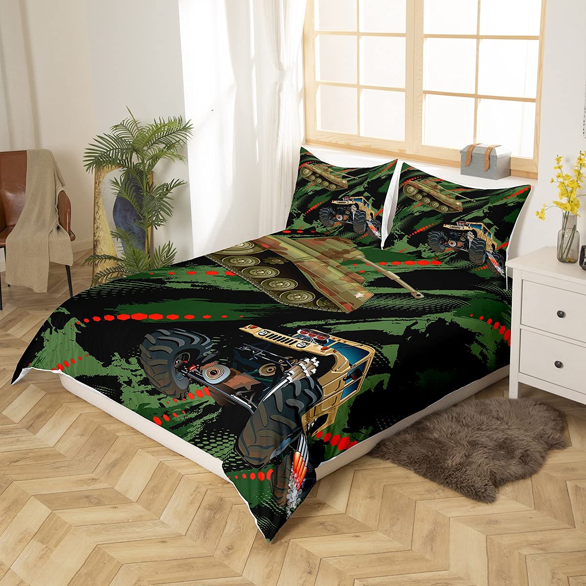 Kamuflaż, pokrowiec na zbiornik 155 x 220 cm, do sypialni dla chłopców, technika budowa, pojazd, traktor, ciężarówka, poszewka na kołdrę dla dzieci, nastolatków, modny zestaw pościeli z 1
