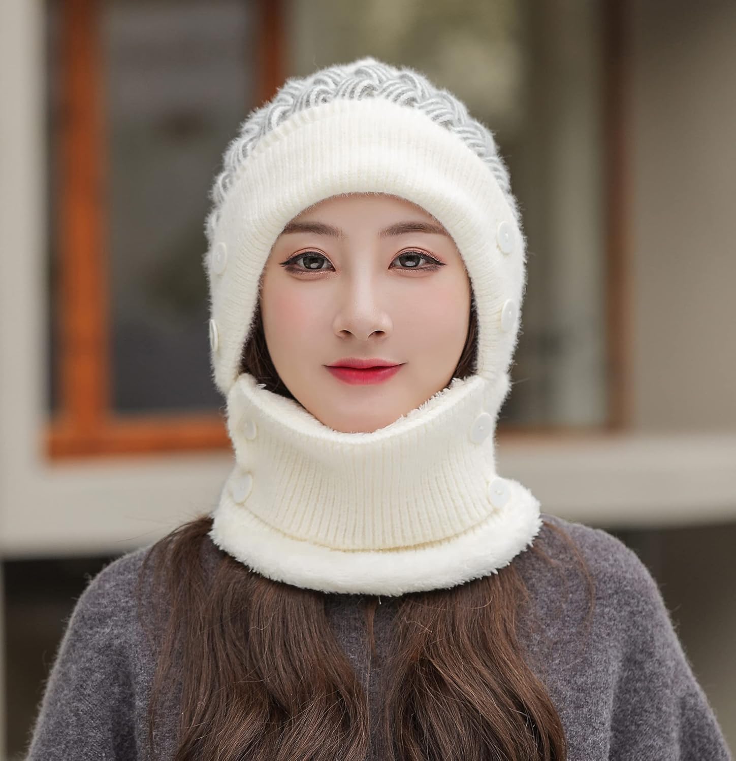Women Winter Beanie Hats One-Piece Fleece Lined Knit Balaclavas Mask Set Skull Neck Circle Scarf Ski Snow Hat Cap with Pompom - Image 4