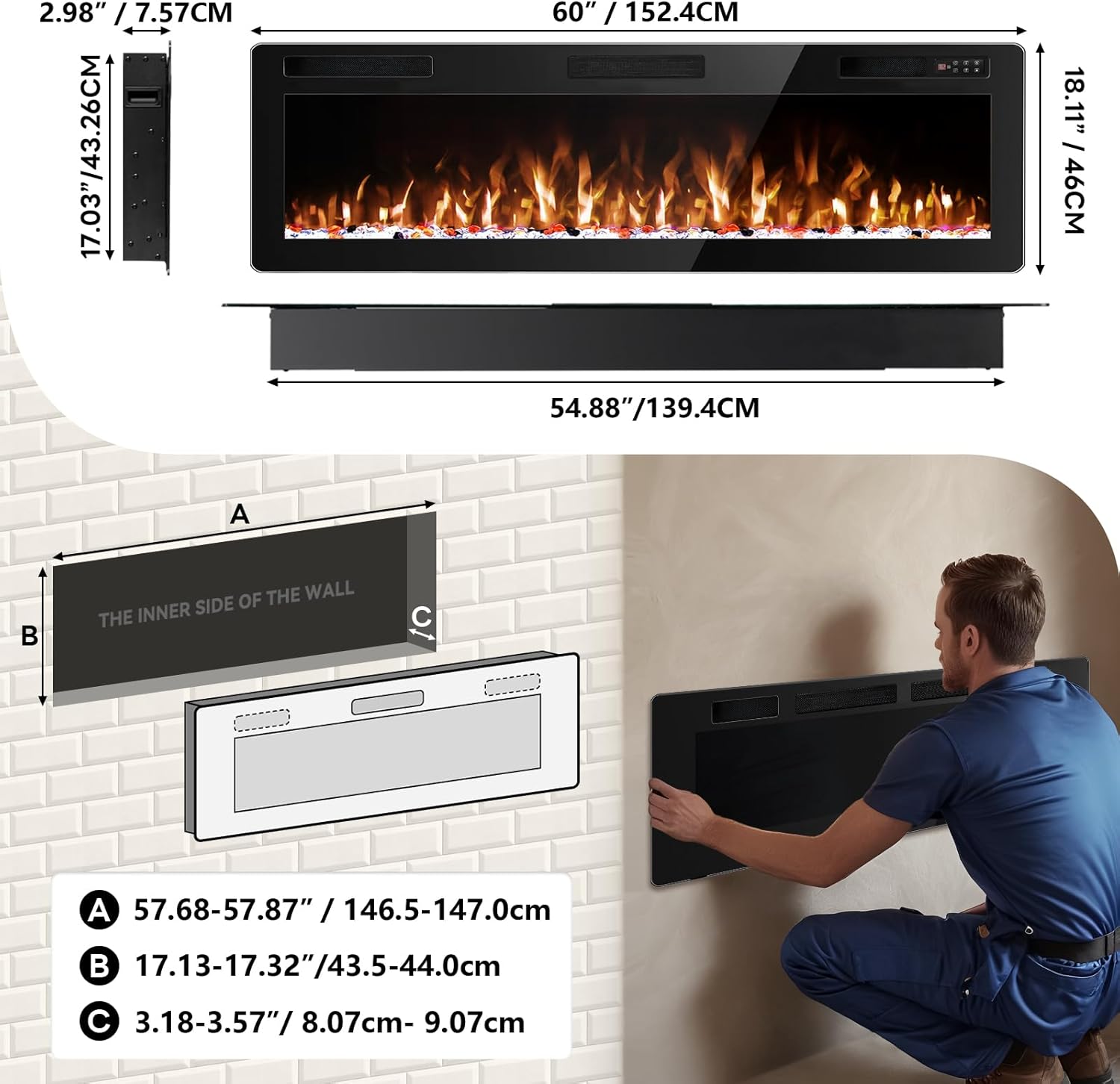 60 Inch Electric Fireplace, Ultra-Thin Wall Mounted Fireplace Insert Recessed and Wall Fireplace Electric with Remote Control, Adjustable Multi-Flame Color & 8H Timer, Low Noise, 750/1500W