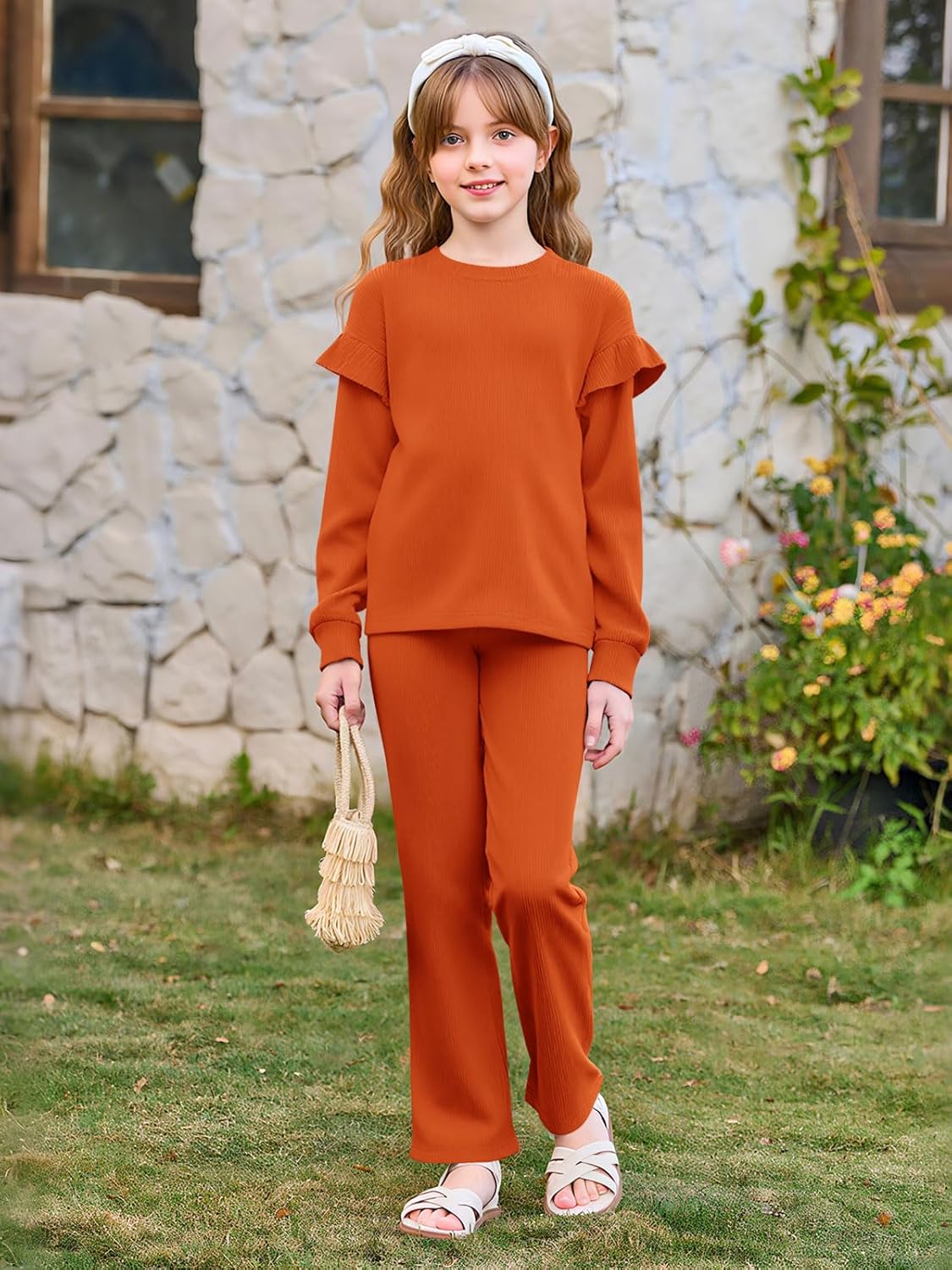 Yousify Girls 2 Piece Outfits Kids Casual Ribbed Knit Long Sleeve Shirts and Flare Pants Clothing Sets 5-14 Years - Image 3