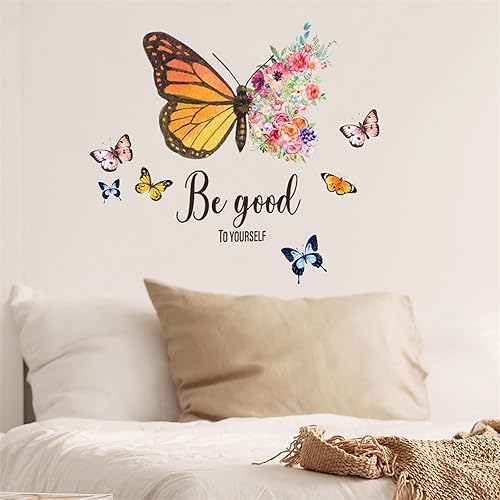 Miniatura 5 de Hermosas calcomanías de pared de mariposas y flores coloridas, mariposas amarillas, rosas, azules, citas inspiradoras, calcomanías de pared de