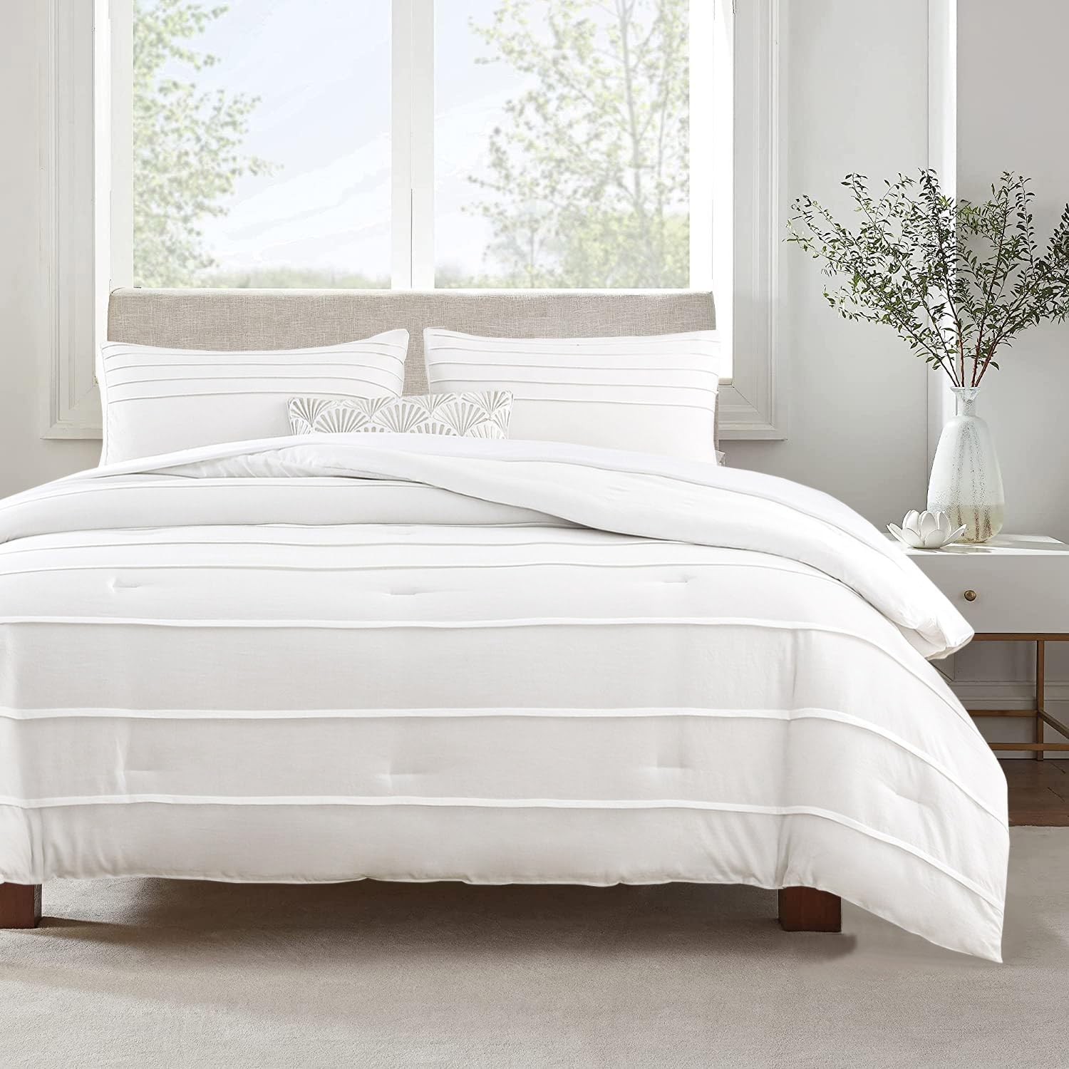 ALEISSEL Stripes White Comforter Twin Size,Pleated Twin