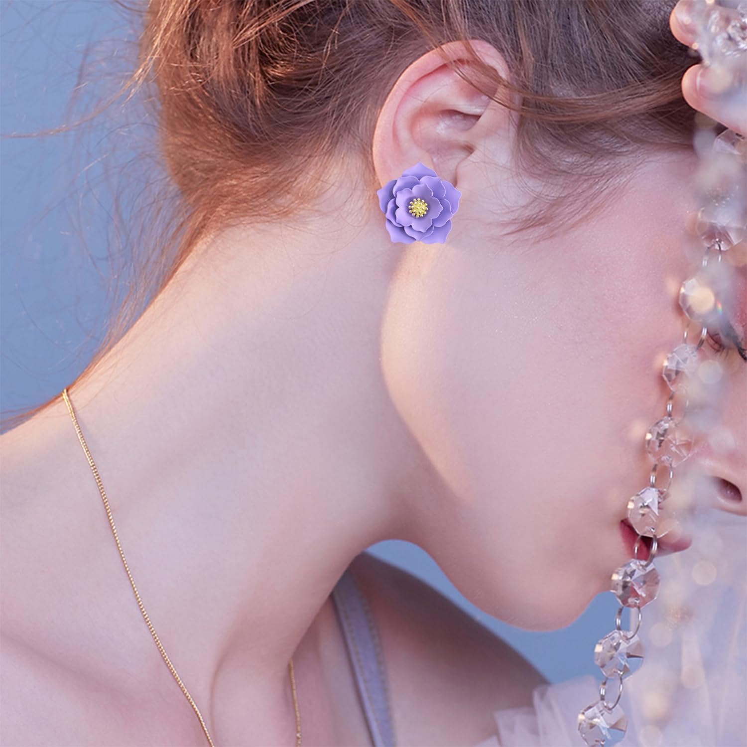 Simulated Creative Flower Alloy Three-Layer Three-Dimensional Stud Earrings Statement Colorful Petal Stamen Stud Earrings for Women - Image 4