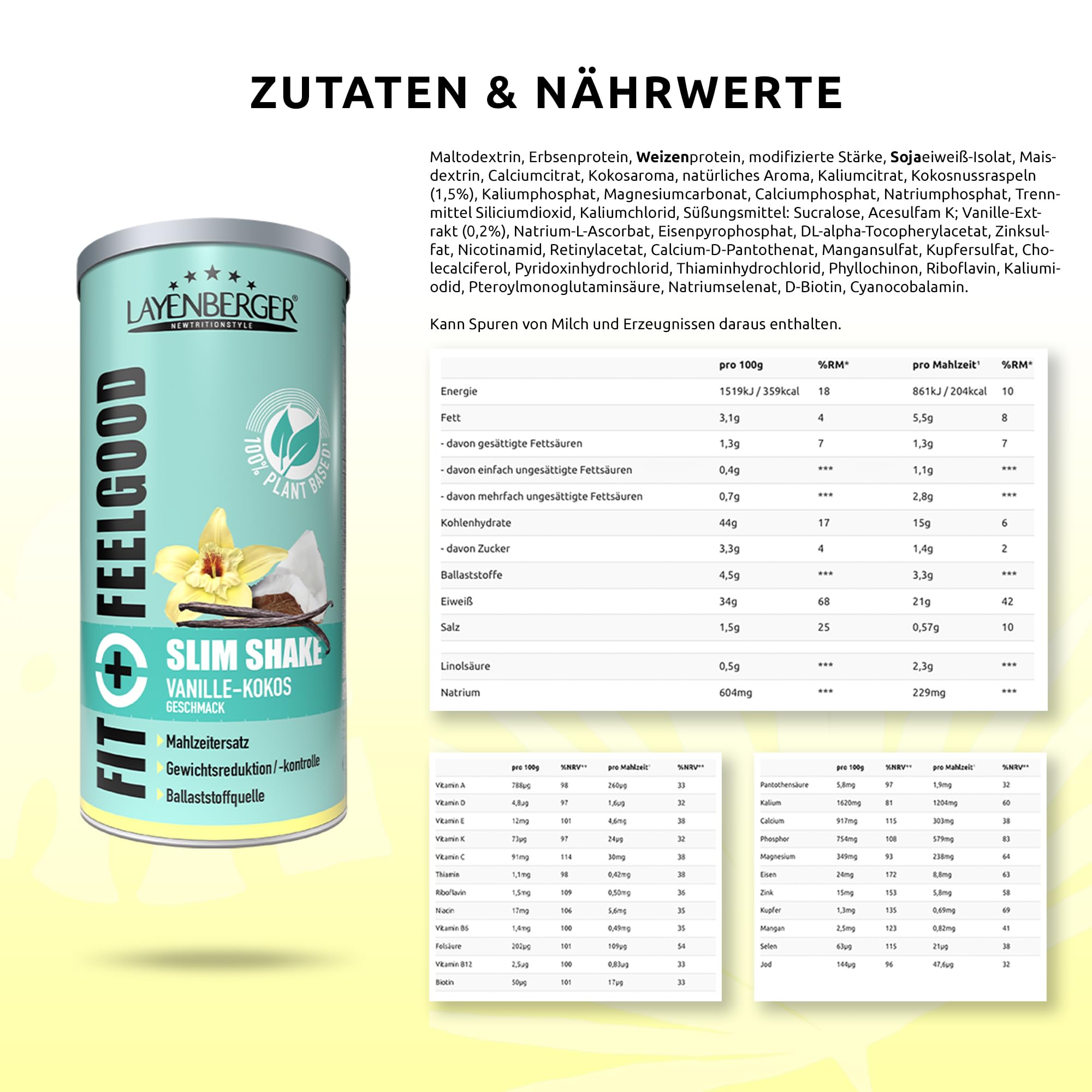 Layenberger Fit+Feelgood Slim Shake Powder vegan - Mahlzeitersatz für 12 Portionen, je 204 kcal, (1x 396 g) - Vanille-Kokos (Packung mit 2)