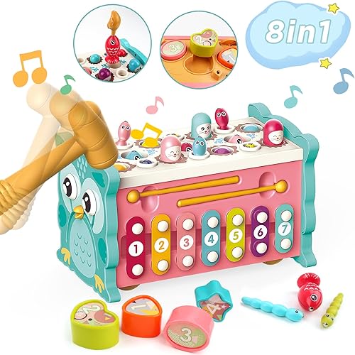 deAO Cubo de actividades para niños pequeños juguetes Montessori 8 en 1 juguetes educativos de martillo juegos de pesca xilófono para niños pequeños