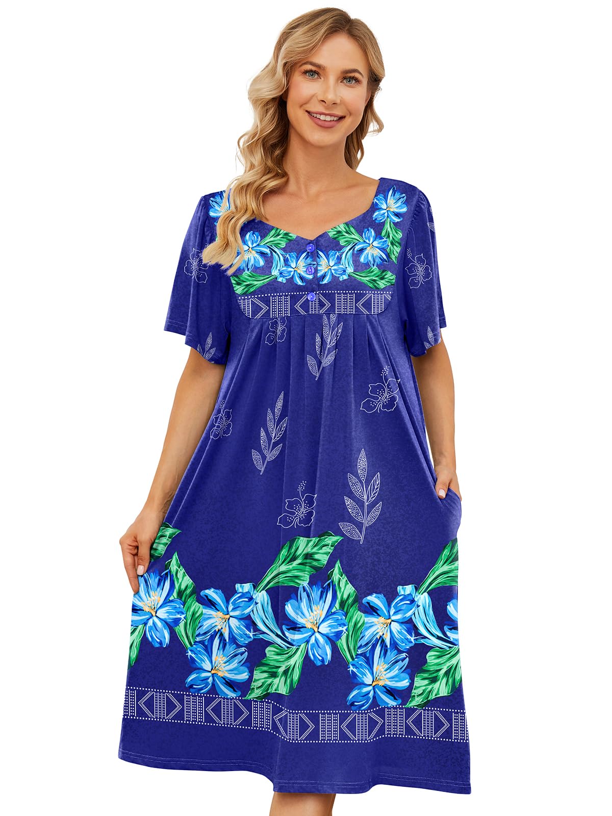 udforsk House Dresses for Women with Pockets Moo Moo Nightgown Short Sleeve Mumu Dress Lounge Dress S-5XL