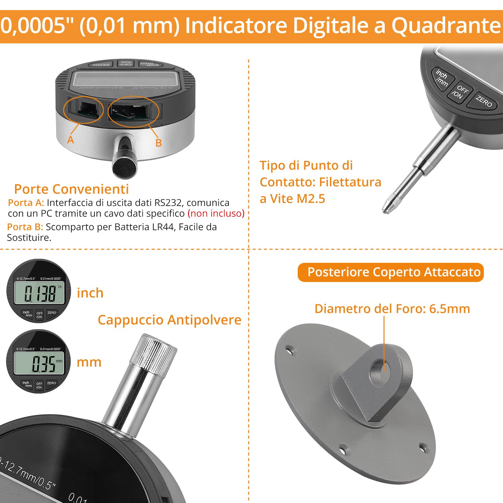 Neoteck Comparatore Digitale Centesimale 0-12.7mm Con Base Magnetica - Display LCD, Unità Metrica/Pollici - Per Misurazioni Di Precisione - Foto 3
