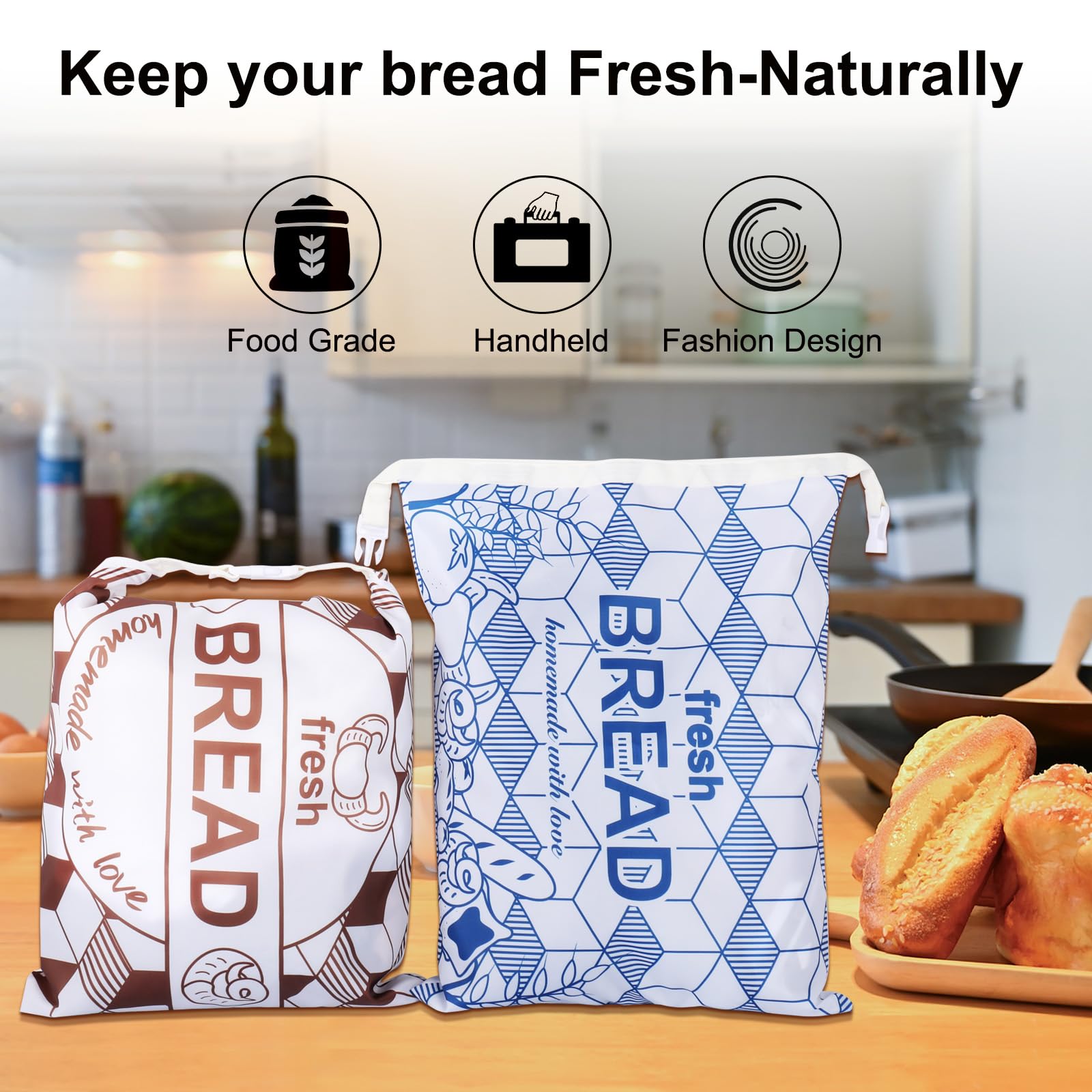 CONLI 2 Pack Homemade Bread Bags,Buckle Bread Container with TPU Lining,Reusable Storage for Artisan Bread,Fresh Storage Bags-Blue, Brown - 16.92”x 12.59” XL