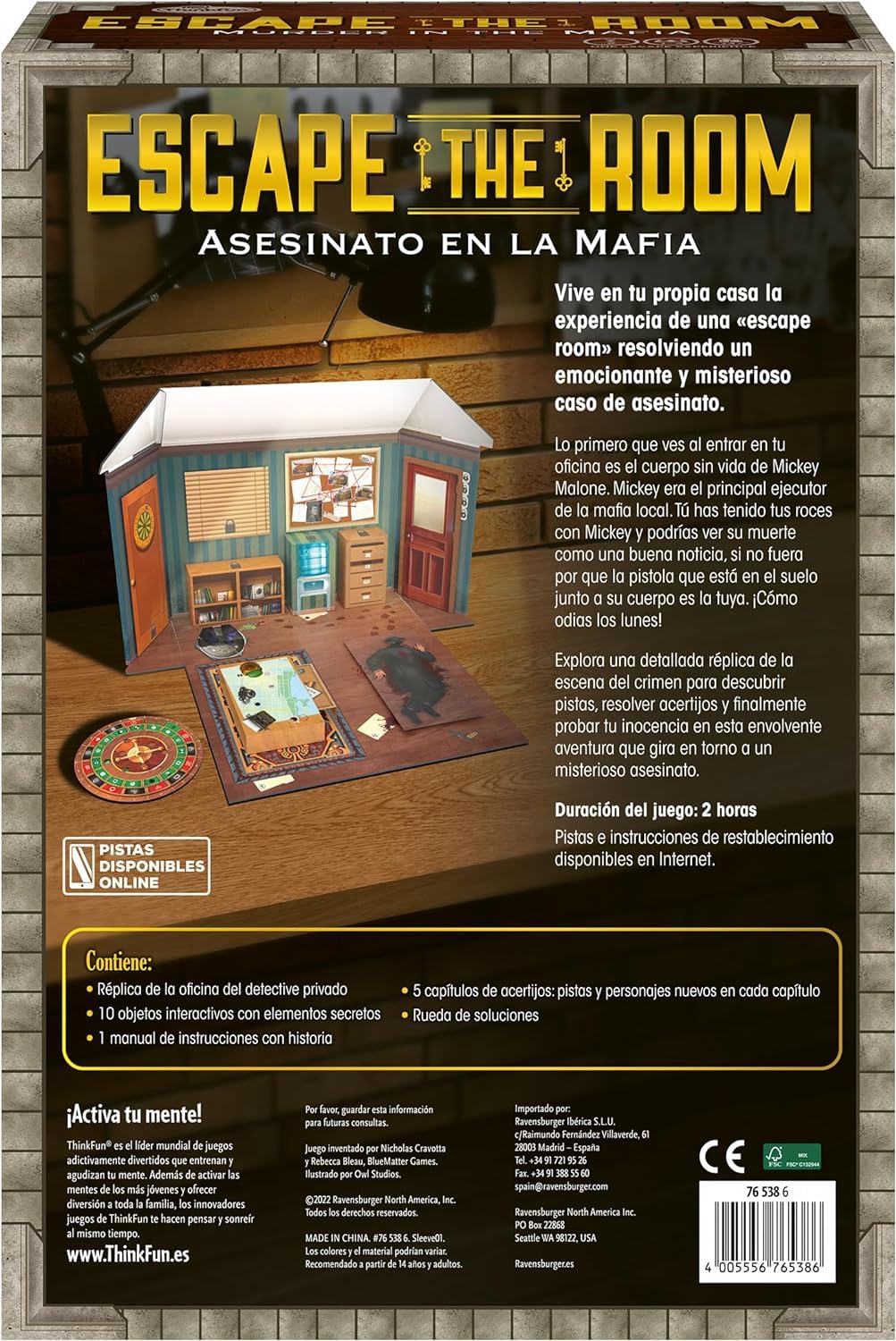 ThinkFun - Escape Room: Asesinato en la Mafia, Juego de logica, Juego de Mesa para Niños y Adultos, 1-3 Jugadores, Version Español