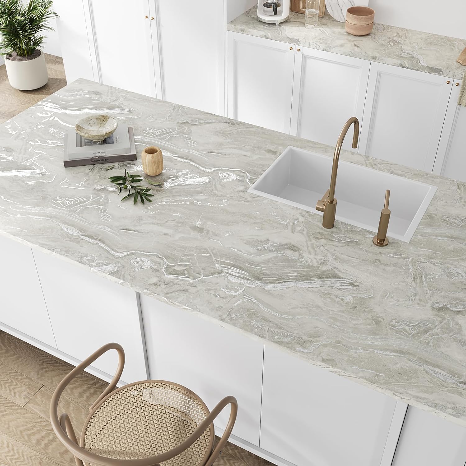 VEELIKE Matte Beige Marble Contact Paper for Countertops with Silver Veins 15.7''x118'' Self Adhesive Marble Countertop Contact Paper Waterproof Marble Wallpaper Peel and Stick Countertops for Kitchen