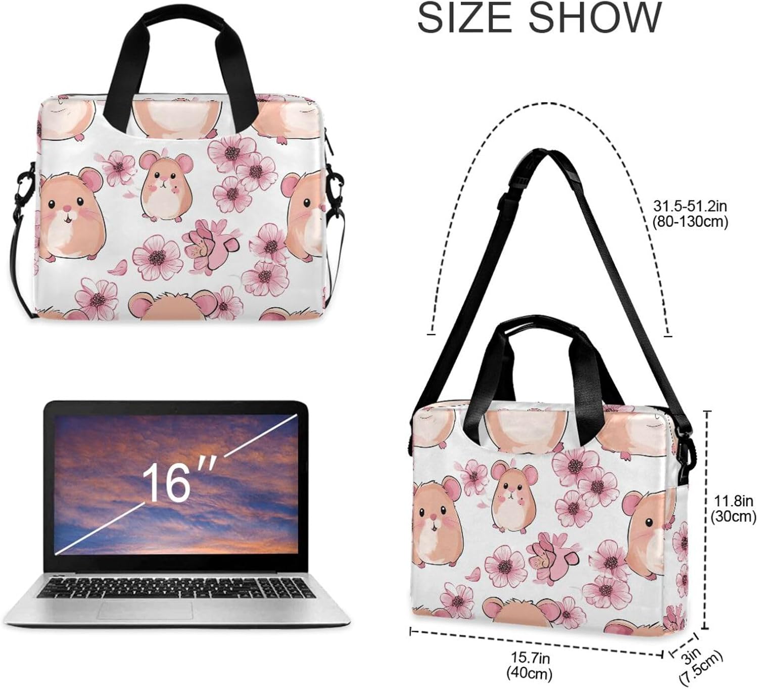 Case for Laptop Portable Crossbody Messenger with Handle and Shoulder Strap 15.6 inch Computer Case kawaii-style Guinea Pig Mouse White