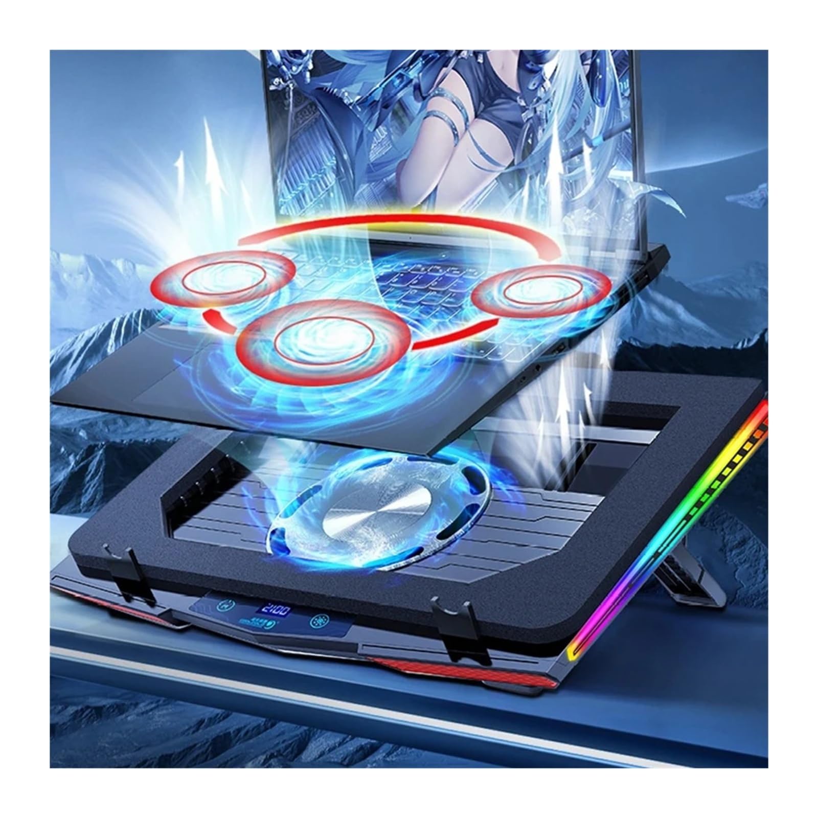 Potente supporto regolabile for laptop da gioco con pressione della ventola, supporto regolabile con dispositivo di raffreddamento for notebook con compressione dell'aria leggera RGB