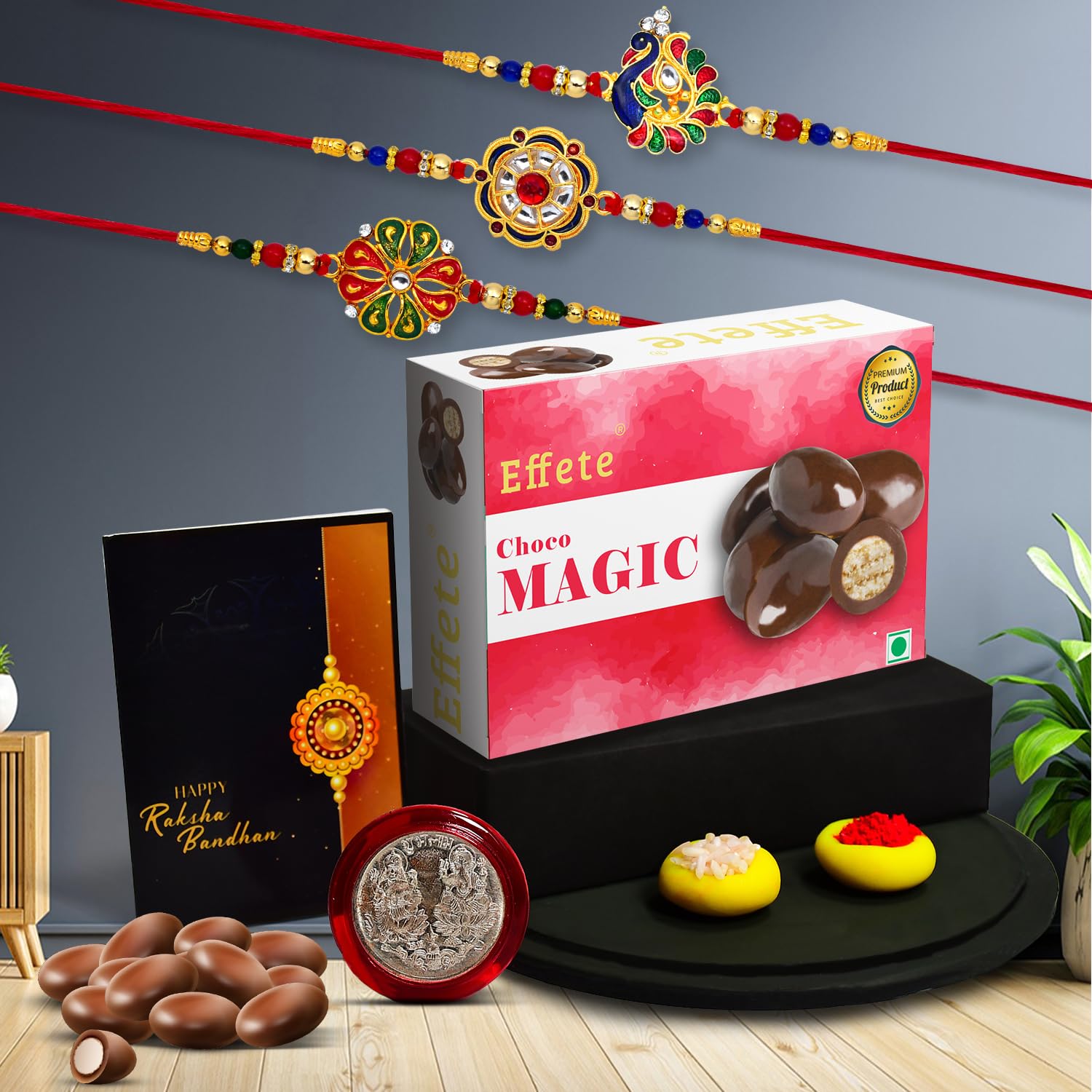 DeoDap Rakhi for Brother – Set of 3 with Silver Colour Pooja Coin, Greeting Card, Chocolates & Sweets | Designer Rakhi Gift Combo for Bhai, Bhabhi & Kids | Raksha Bandhan Festival Pack (K3_298+299+304_CM32)