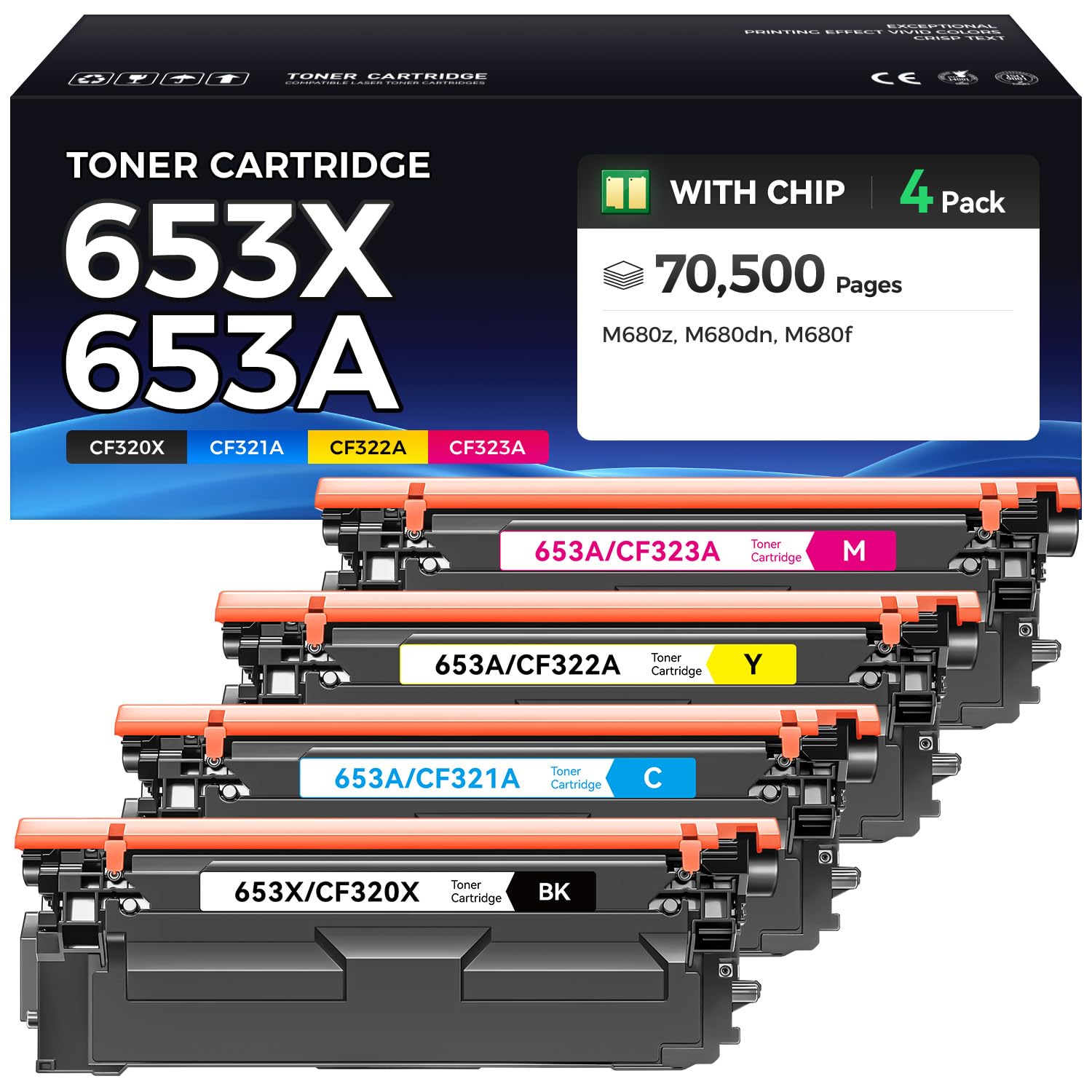 653X 653A Toner Cartridge Set 4-Pack High Yield Replacement for HP 653X 653A CF320X CF321A CF322A CF323A Toner Compatible with HP Color LaserJet Enterprise MFP M680 M680z M680dn M680f Printer Black