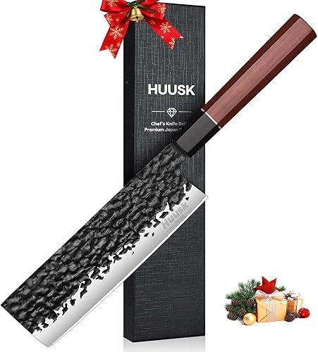 Huusk Cuchillo de chef Nakiri de 7 pulgadas  Cuchillos japoneses forjados a mano, 3 capas 9CR18MOV cuchillo de cocina de alto carbono, cuchillo de