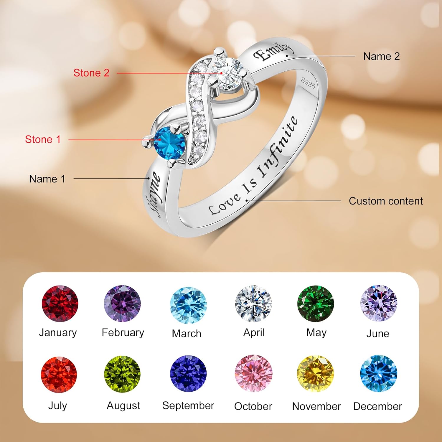 LucySky Personalized 925 Sterling Silver Mother’s Ring with 2 Birthstones Custom Engraved Couples Name Ring for Women Promise Infinity Ring Gift for Mom Grandma Wife