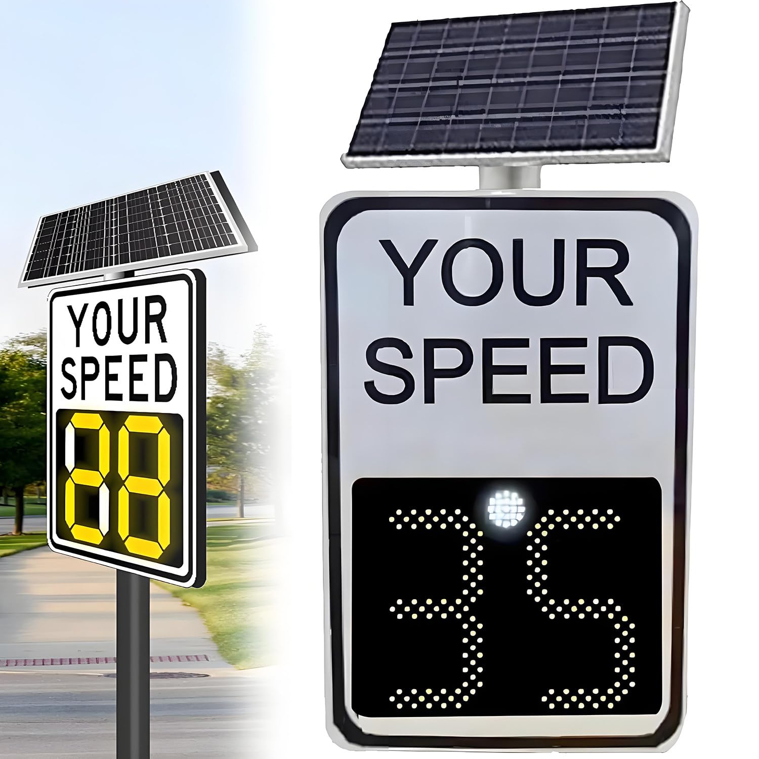 Señal solar de límite de velocidad de radar con retroalimentación LED, 24 x 35 pulgadas, control remoto, incluye accesorios para mejorar la seguridad del tráfico