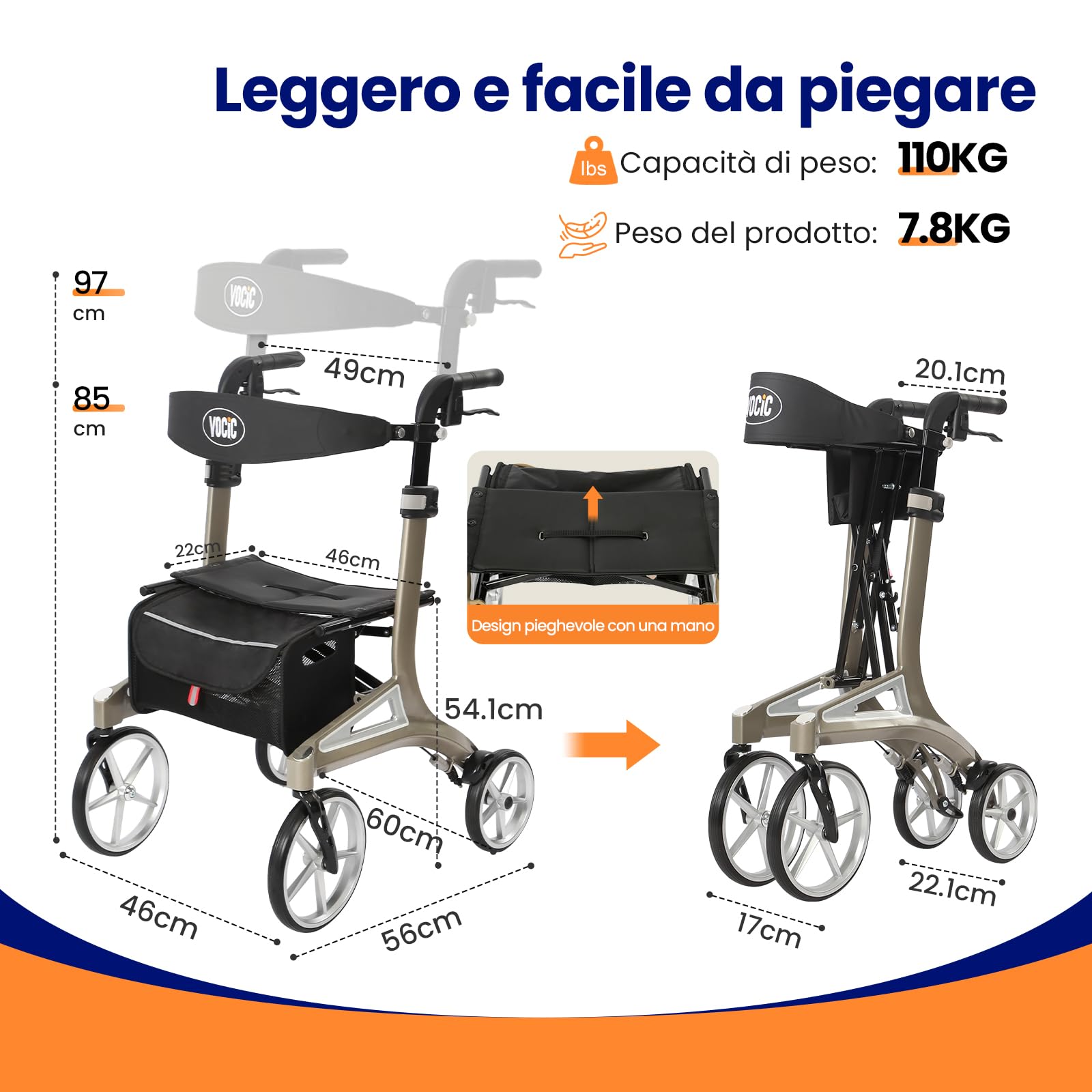 VOCIC Z71 deambulatore pieghevole per anziani, Alluminio & impermeabile | Deambulatore peso leggero con sedile, ruote PU tuttoterreno antiforatura, schienale e altezza regolabili, verde grigio
