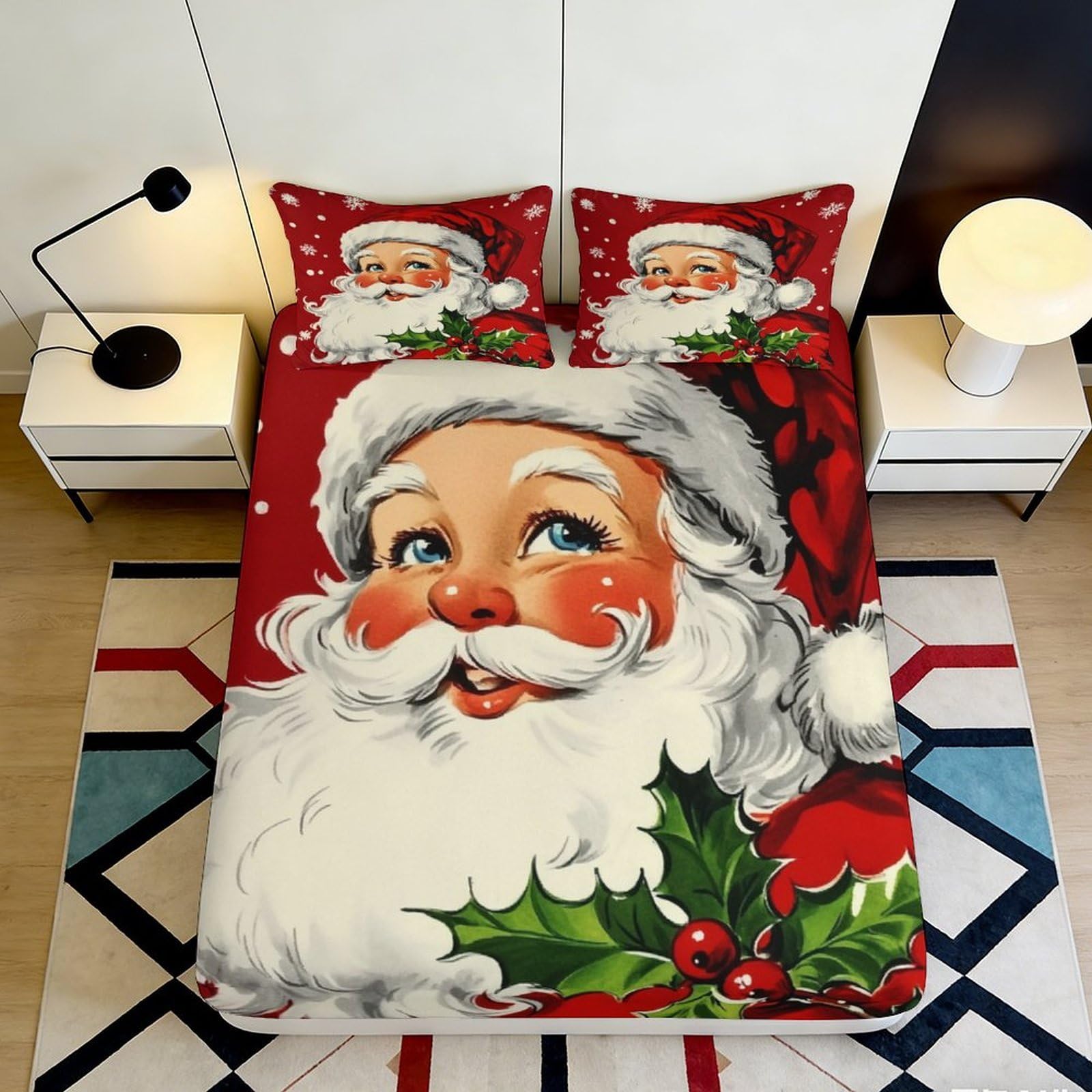 3D Printed Santa Fitted Sheet, Red Christmas Bed Cover, Microfiber soft touch, wrinkle resistant, for home or guest room bedding, easy care, seasonal decor, 110 chars 90x200x25cm