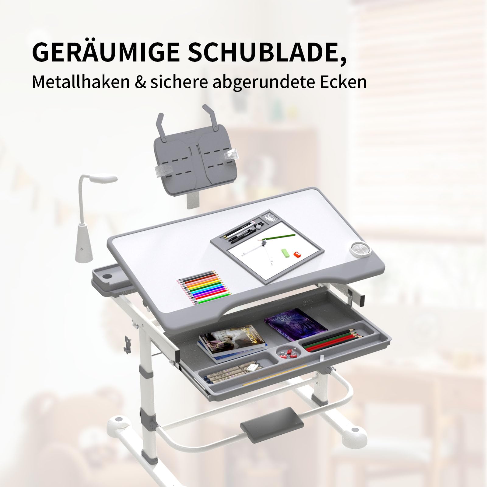 YLGJ&TIDY Schreibtisch Kinder, Kinderschreibtisch und Stuhl Set, Höhenverstellbar Kinderschreibtisch für Kinder 3-12 Jahre, Mehrfunktional Kinderschreibtisch mit, Aufbewahrung, Malen & Lesen (Grau)