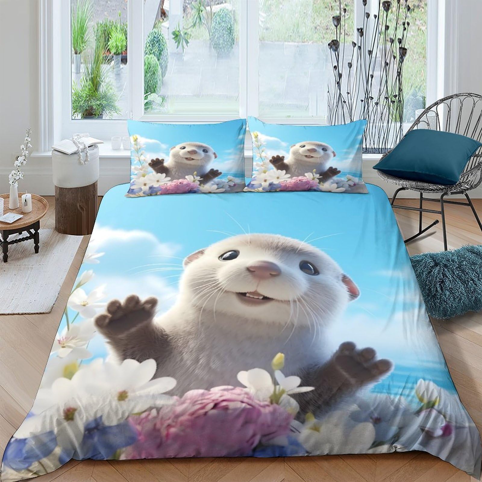 Ctjqhvkz Style-8 3D Printed Otter Meadow Fitted Sheet Microfiber Soft Blue Cartoon Floral Mattress Cover Bedroom Decor Single（135X200cm）