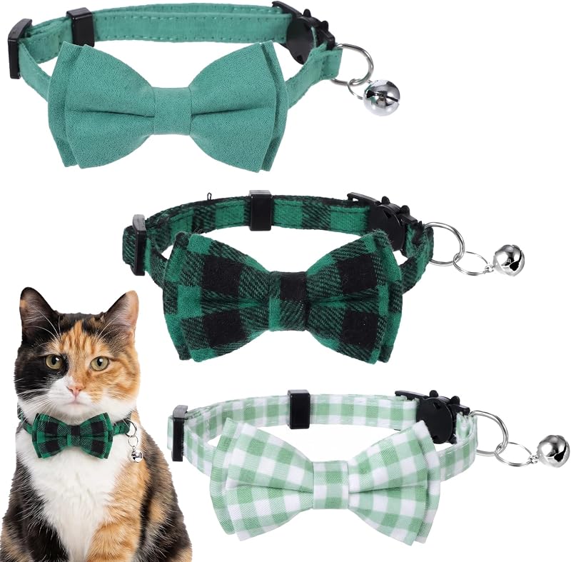 Coleira para Gatos com Laço Xadrez, Sino e Fecho de Segurança Tucnoeu Verde — Pacote com 3