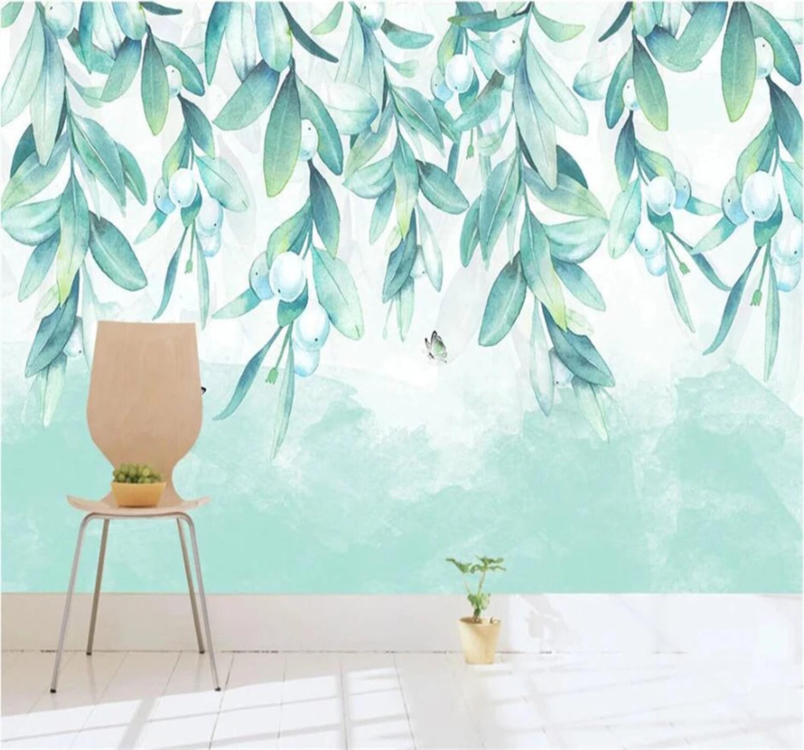 Wallpaper-3D-Xlm 400Cm×280Cm(B×H) Fresh Minimalist Watercolour Green Leaves Butterflies 3D Wallpaper Easy Install Feature Office Living Room Sofa Bedroom Tv Background Wall Decoration-400Cm×280Cm