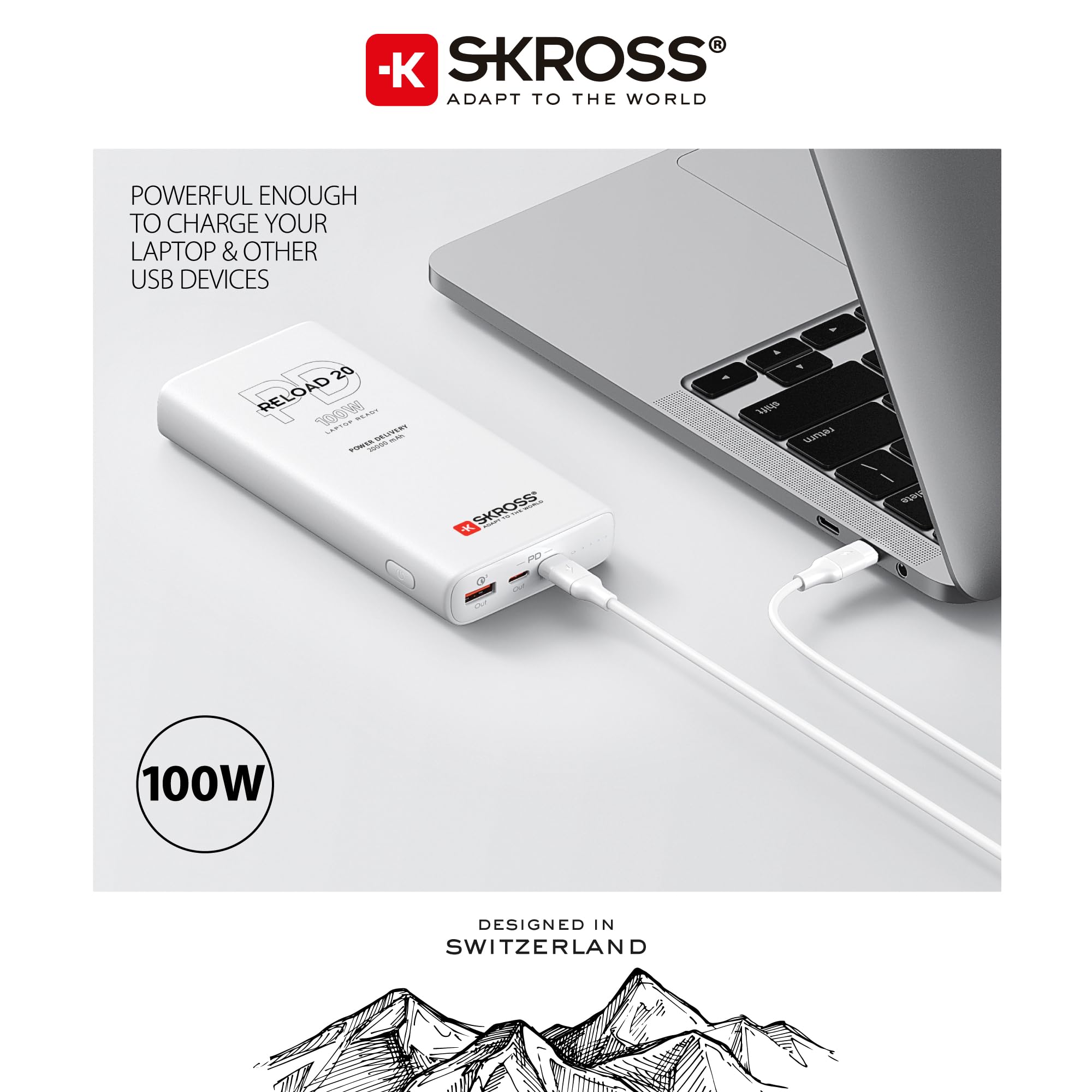 SKROSS - Reload 20 100 W PD - przenośna ładowarka - powerbank 20 000 Mha - 3 porty USB do szybkiego ładowania i kabel USB C o długości 20 cm wchodzą w zakres dostawy