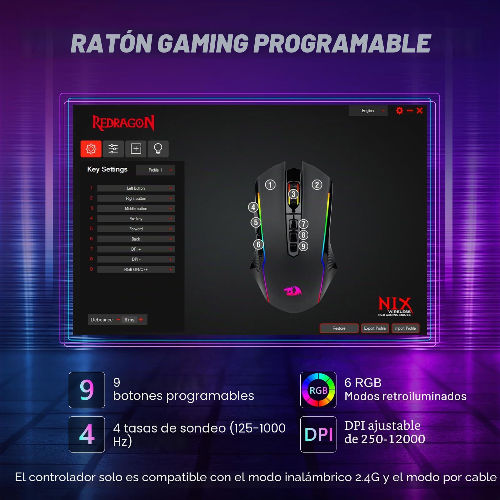 Redragon Ratón Gaming Inalámbrico, Tri-Mode 2.4G/USB-C/Bluetooth Raton Gaming, 10000 dpi y 6 Modos RGB Retroiluminado, 9 Botones Programables, Ratón Inalámbrico Recargable para Laptop/PC/Mac, Negro