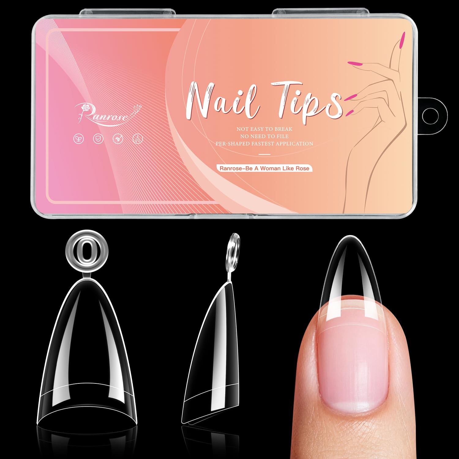 Ranrose 240PCS Long Almond Nail Tips,Half Cover Acrylic Fake Nails