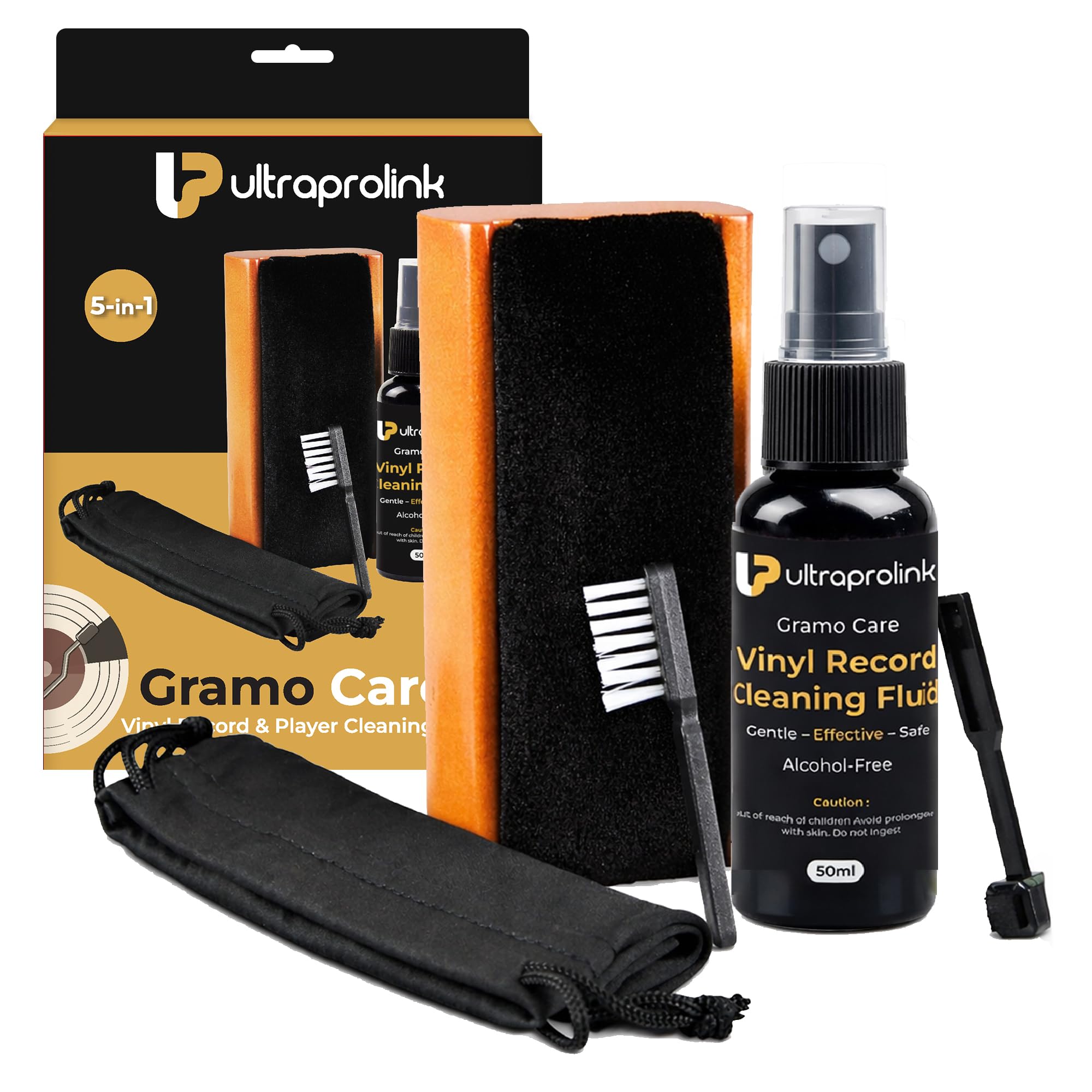 GramoKraft by UltraProlink 5-in-1 Vinyl Record Cleaning Kit for LPs & Turntables | Includes Ultra-Soft Velvet Brush, 50ml Cleaning Liquid, Stylus Brush, Bristle Brush, Storage Pouch | GK1250-image-45