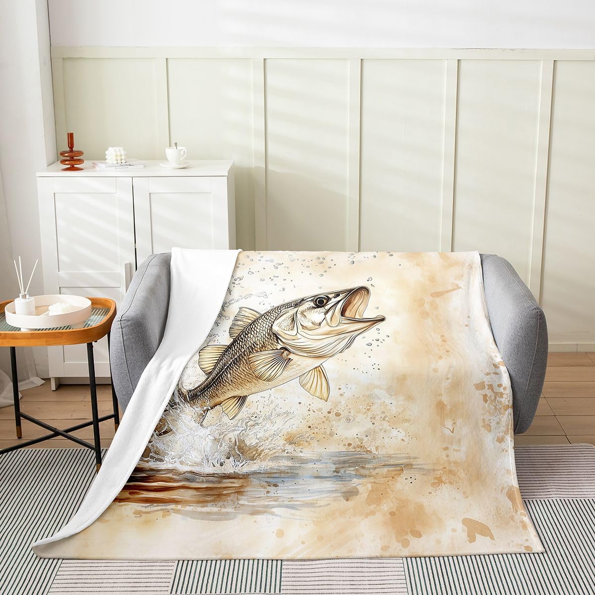 Loussiesd Szczupak ryba pluszowy koc narzuta na polowanie i wędkowanie flanelowy koc podwójny, 152 x 180 cm, ryba basowa, całoroczna, dzikie zwierzęta, na kanapę, łóżko, sofę, do sypialni, dekoracja