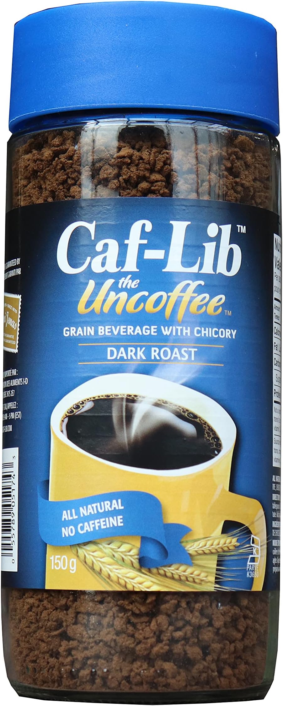 Caf-Lib Dark Roast Coffee Alternative with Barley and Chicory 150-Gram